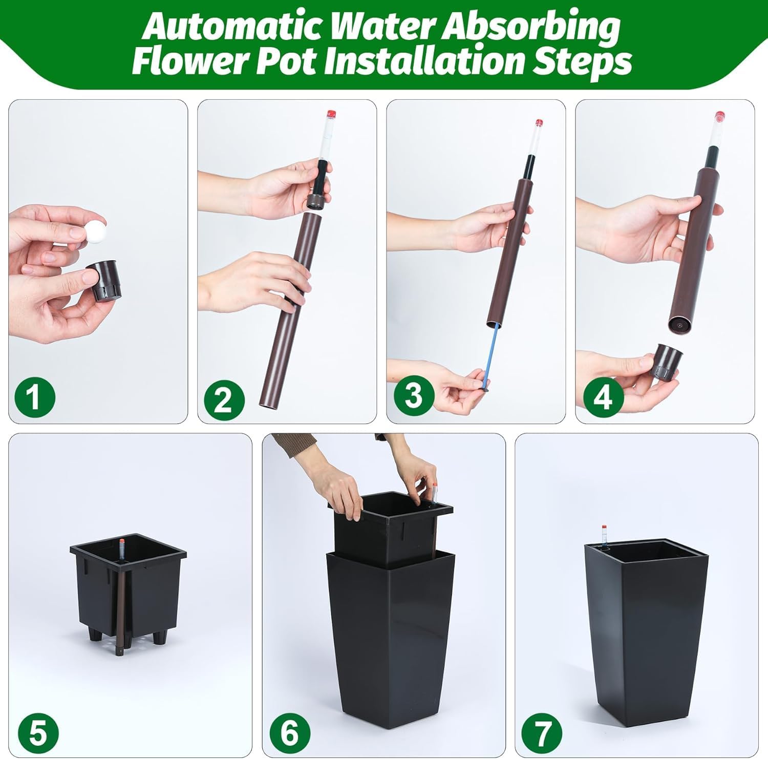 Garvee 16" Tall Planters Set of 2, Outdoor＆Indoor Black Planter Pots, High Front Porch Planter Pots with Drainage Holes＆Water Level Monitor＆Inner Bucket,Black