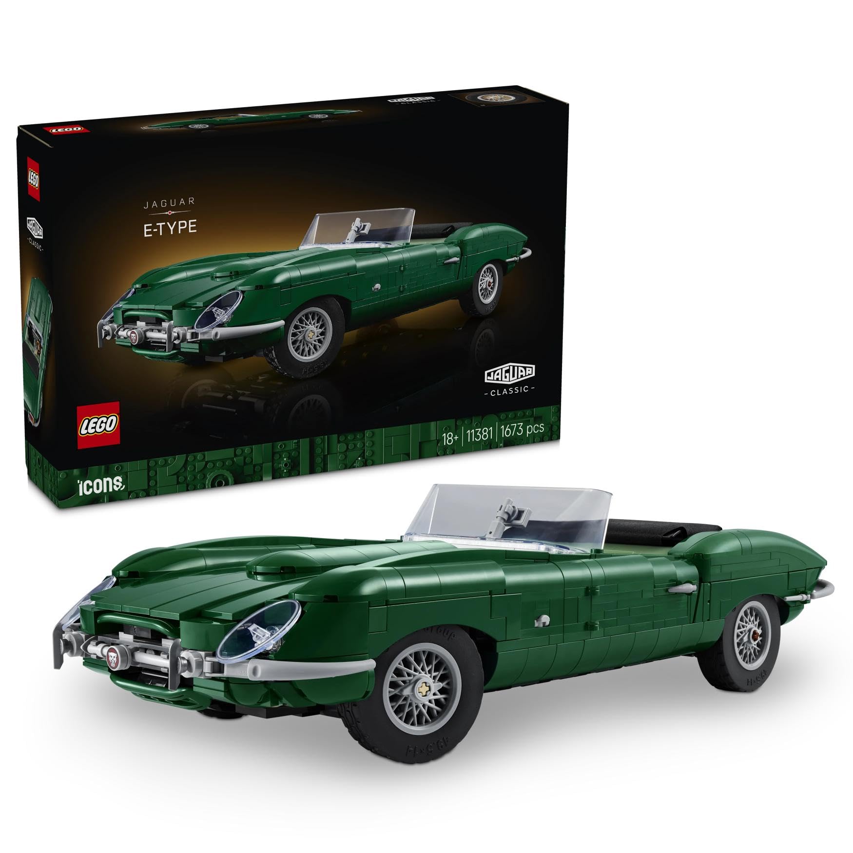 LEGO Icons Jaguar E-Type - Classic Sports Car Model Kit for Adults - incl. Inline-6 Engine & Toolkit - 3D Shelf or Desk Decor - Collectible Gift Idea for Motorsport Fans - 11381