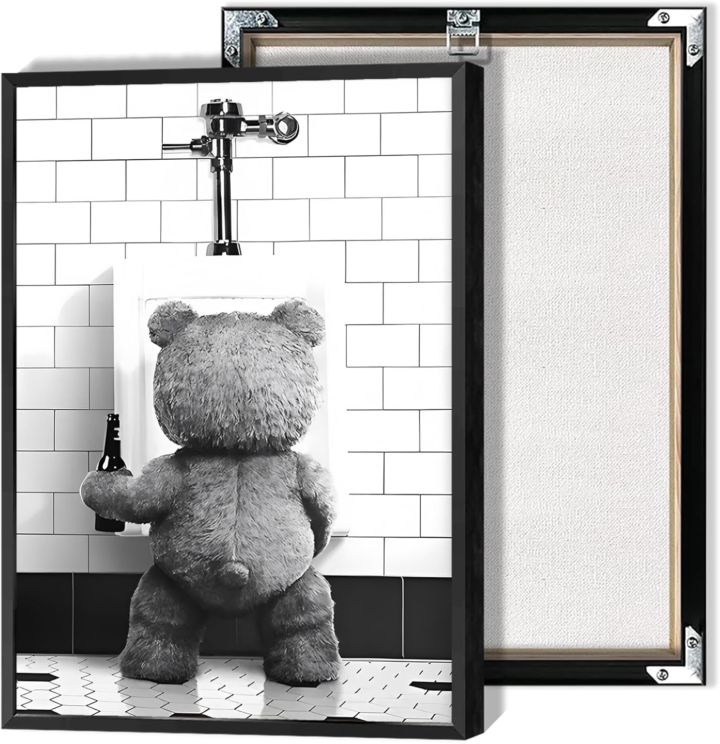 Funny Teddy Bear Poster Black And White Bathroom Canvas Wall Art Humorous Movie Abstract Animal Restroom Prints Painting For Living Room Bedroom Wall Decor 16x24in Framed