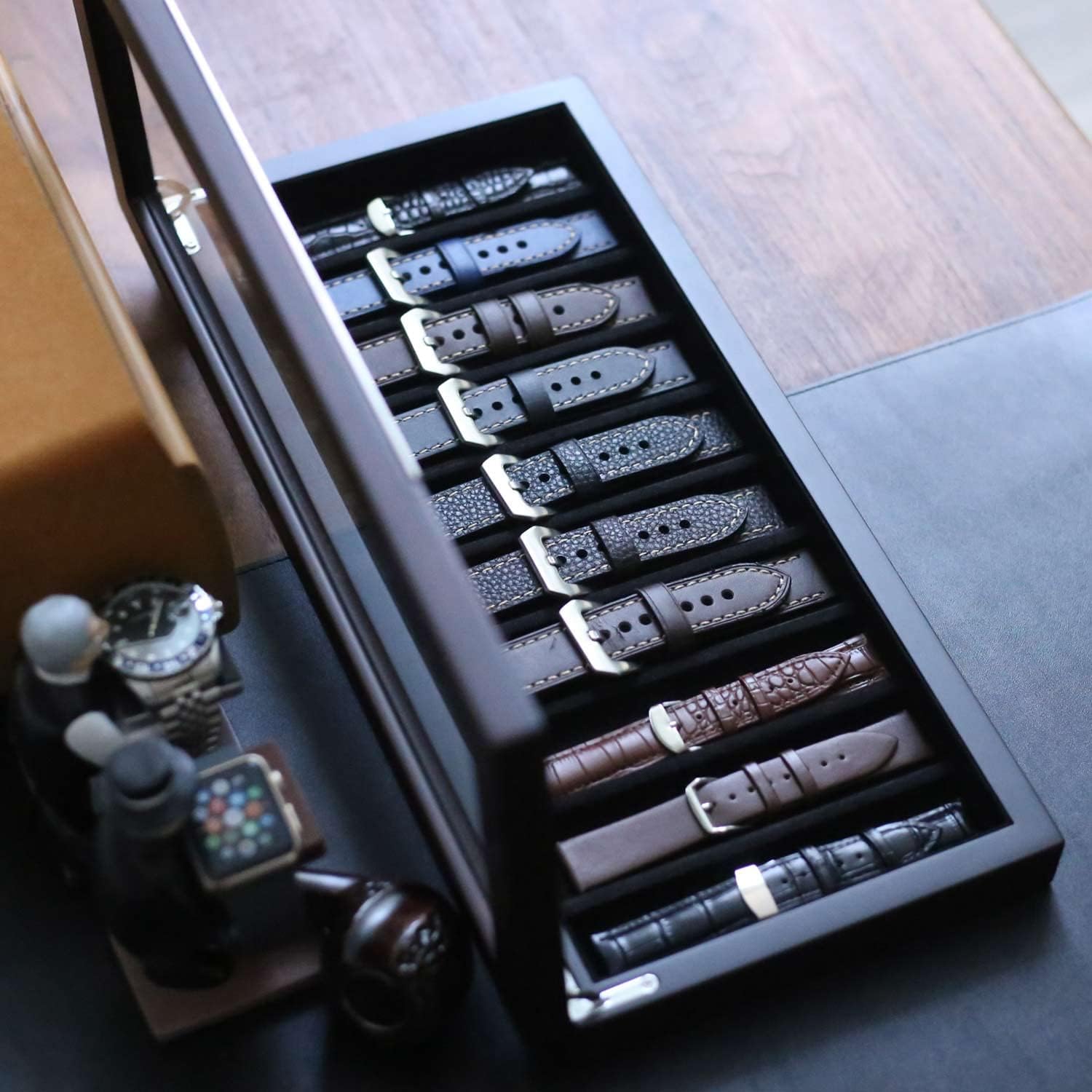 Watch Band Organizer Case for Men or Women Holder 10 Watch Band, Wooden Watch Band Storage Box with Real Glass Window