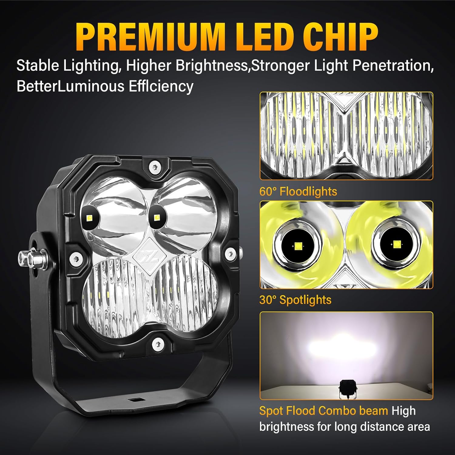 Willpower 2X 4.3 30W 3000LM LED Work Light with 12V DT Wire Harness, Square Off Road Driving Lights Fog Lamps for Car Truck 4x4 Boat Tractor, 6000K White, Waterproof Headlight, Flood Spot Combo