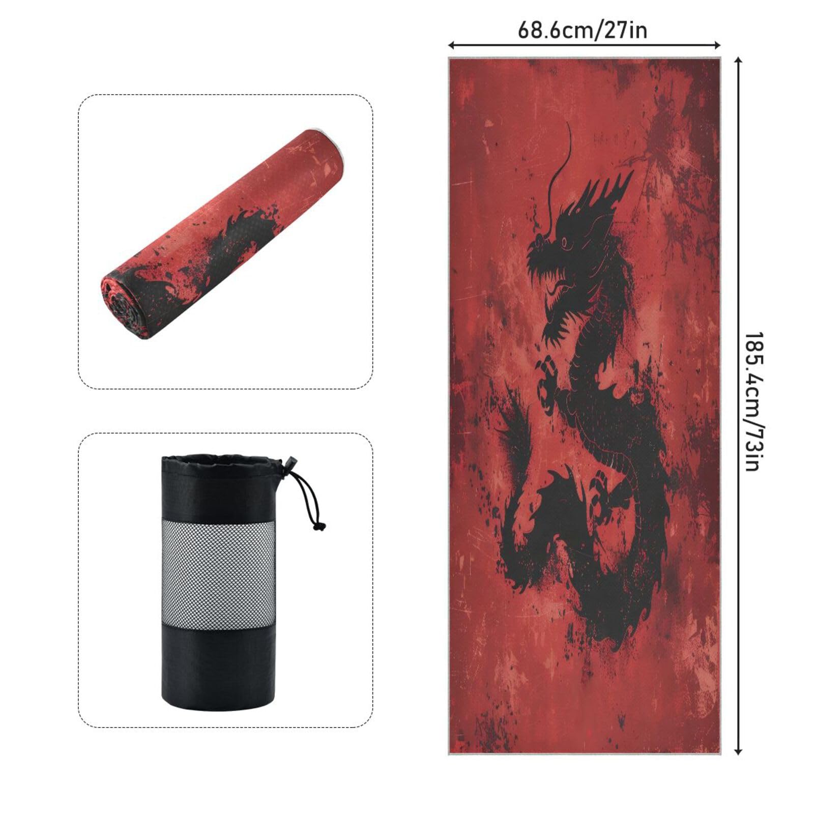 Tappetino da yoga con drago cinese rosso, 185,4 x 68,6 cm, superficie in pelle scamosciata, antiscivolo, asciugamano da yoga per hot yoga, pilates e allenamento, lavabile in lavatrice
