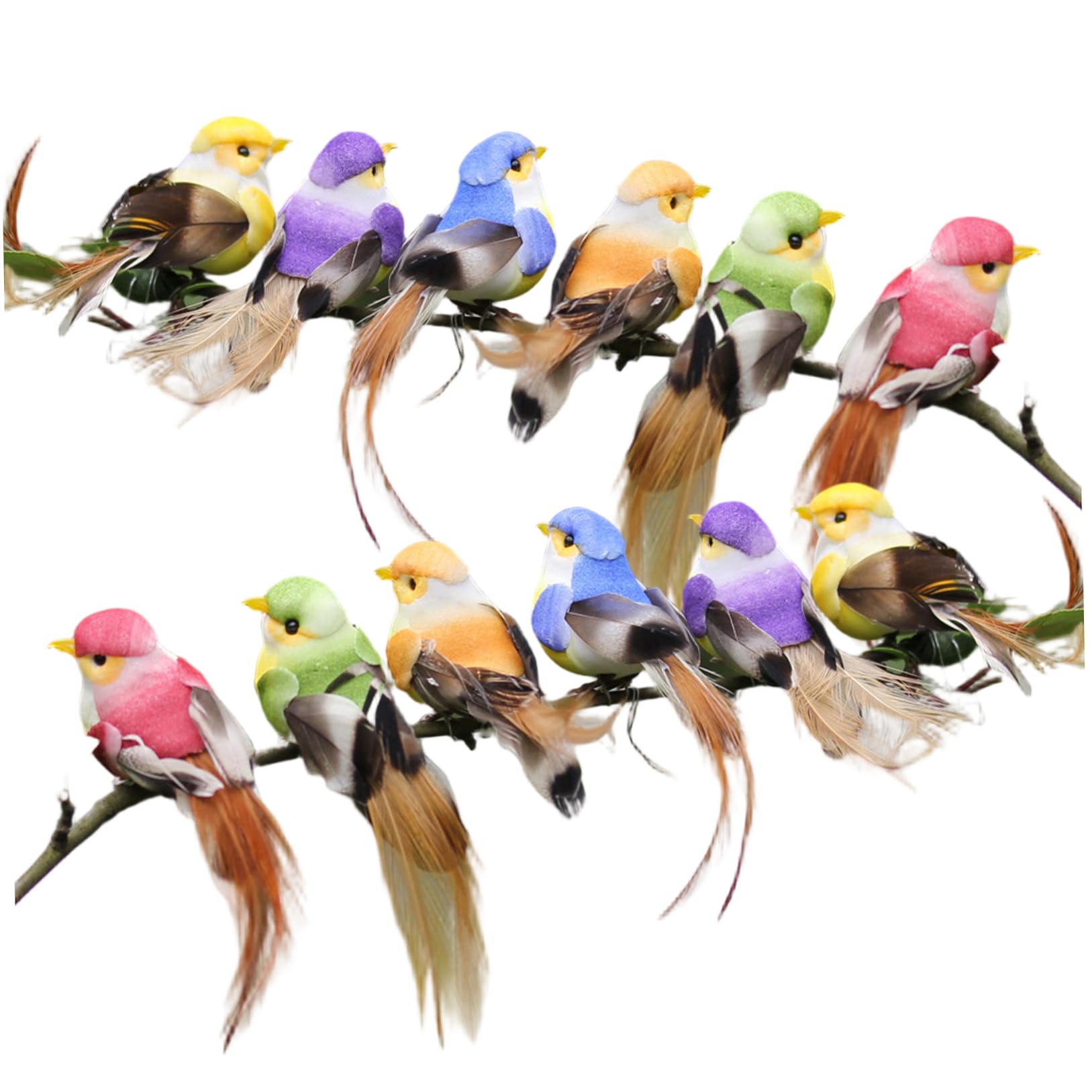 Suxdlan 12Pcs Fake Birds, Colorful Lifelike Feathered Artificial Birds Realistic Looking Hummingbird Statues for Trees Fence Outdoor Garden