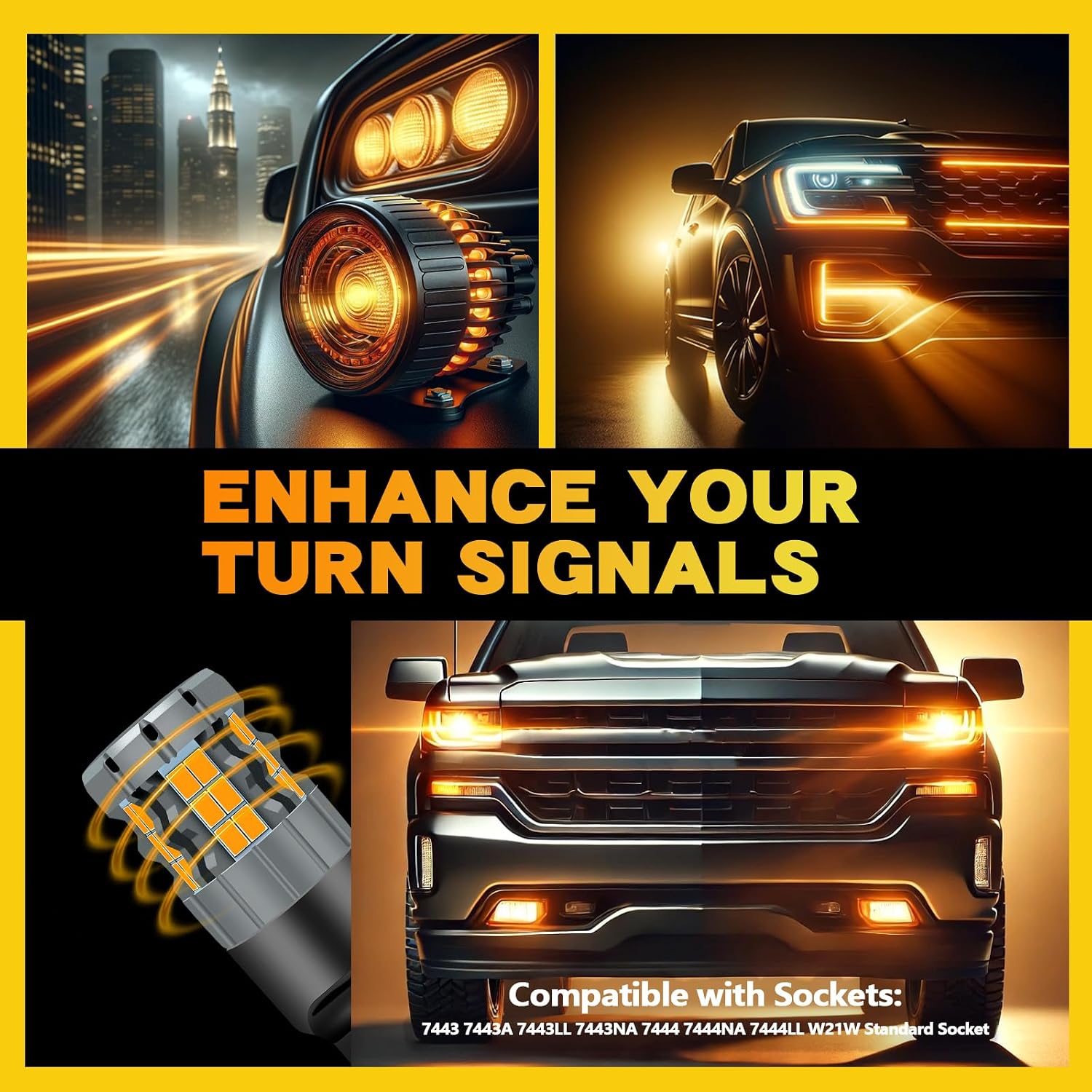 7443 LED Turn Signal Bulbs Compatible For Chevy Silverado 1500 2014-2022 & 2500/3500 2015-2022 (Front/Rear), 7444 Bulb, Amber Yellow, Plug and Play, Pack of 2
