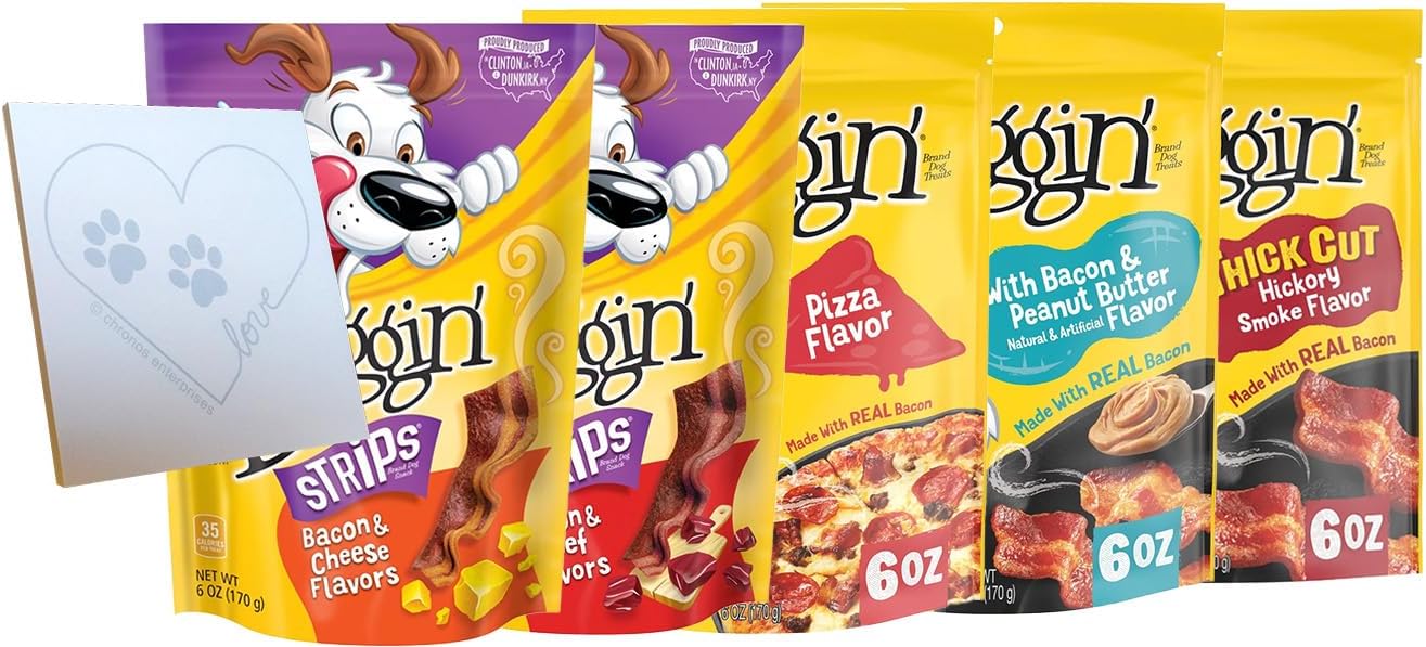 Beggin-Strips Variety Pack - 5 Total Flavors: Pizza, Bacon & Peanut Butter, Bacon & Beef, Bacon & Cheese, and Hickory (6 Ounces each)