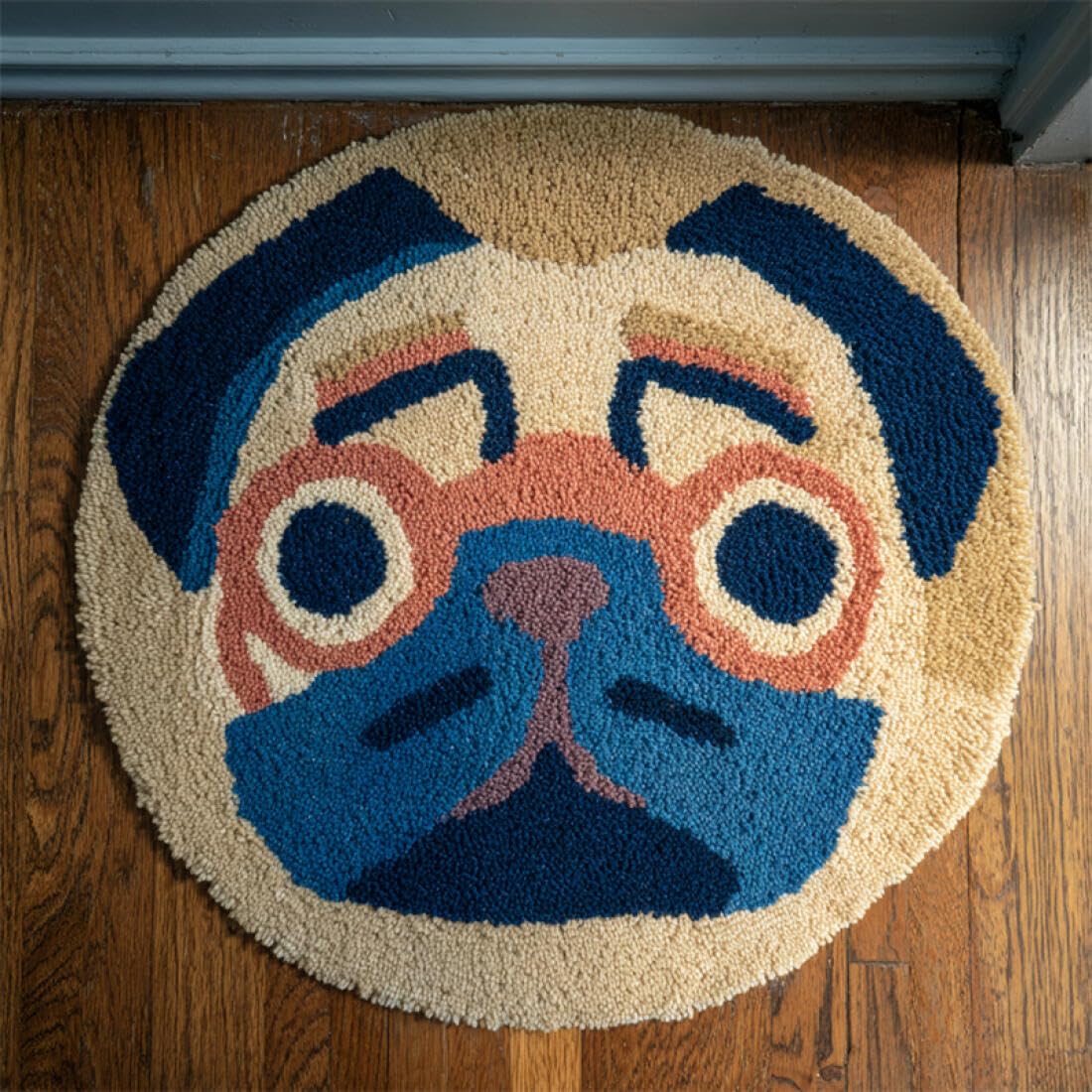 Rqwybcaxn DIY Rug Latch Hook Kits for Beginners Animal Cross Stitch Kit Cartoon Pug 60x60cm Round Tapestry with Crochet Hook Bedroom Craft Gift