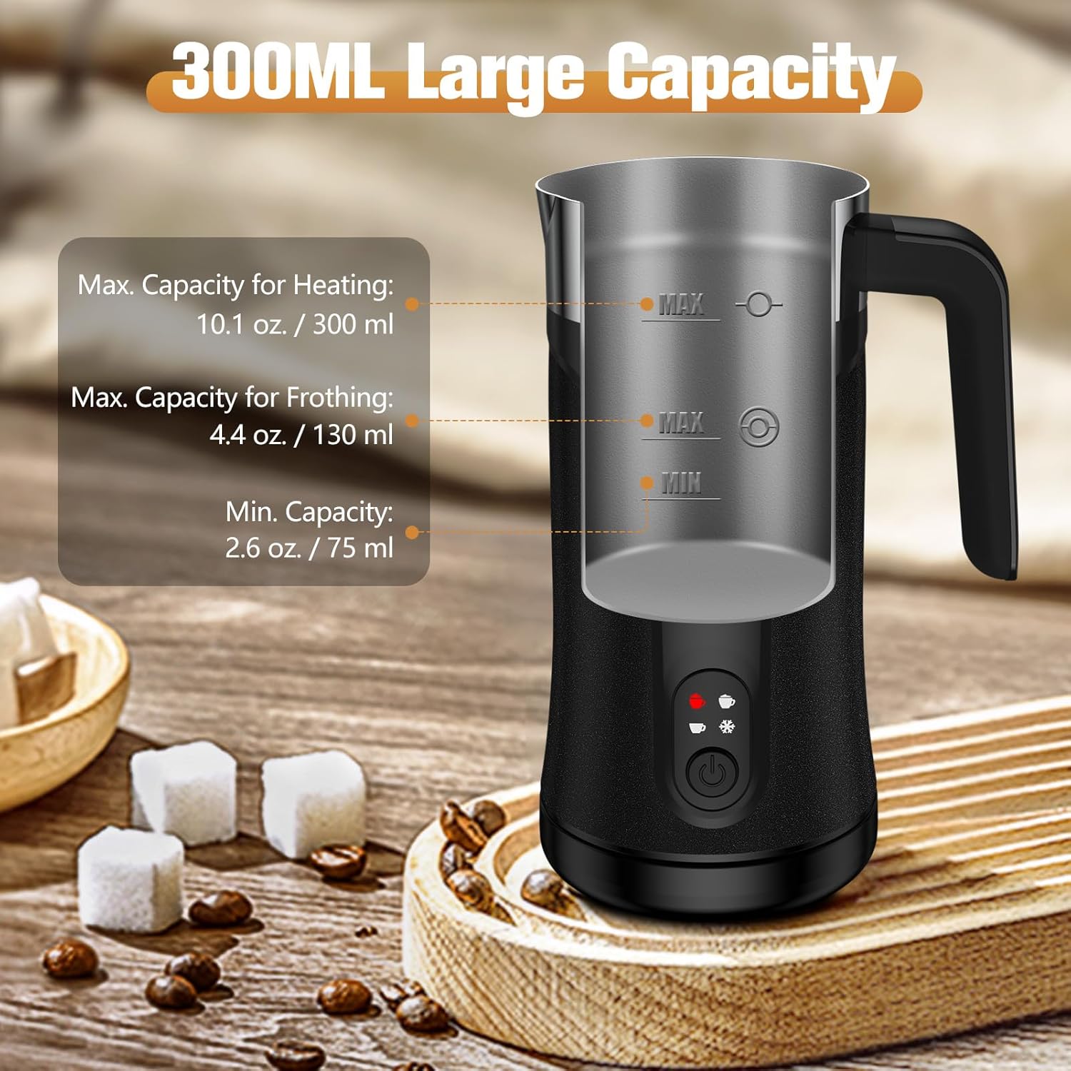 Milk Frother, 4-in-1 Milk Frother and Steamer, 10.1oz/300ml One-Touch Hot & Cold Foam Maker, Auto Shut-Off, Milk Warmer and Coffee Frother for Lattes, Cappuccino, Macchiato(Black)