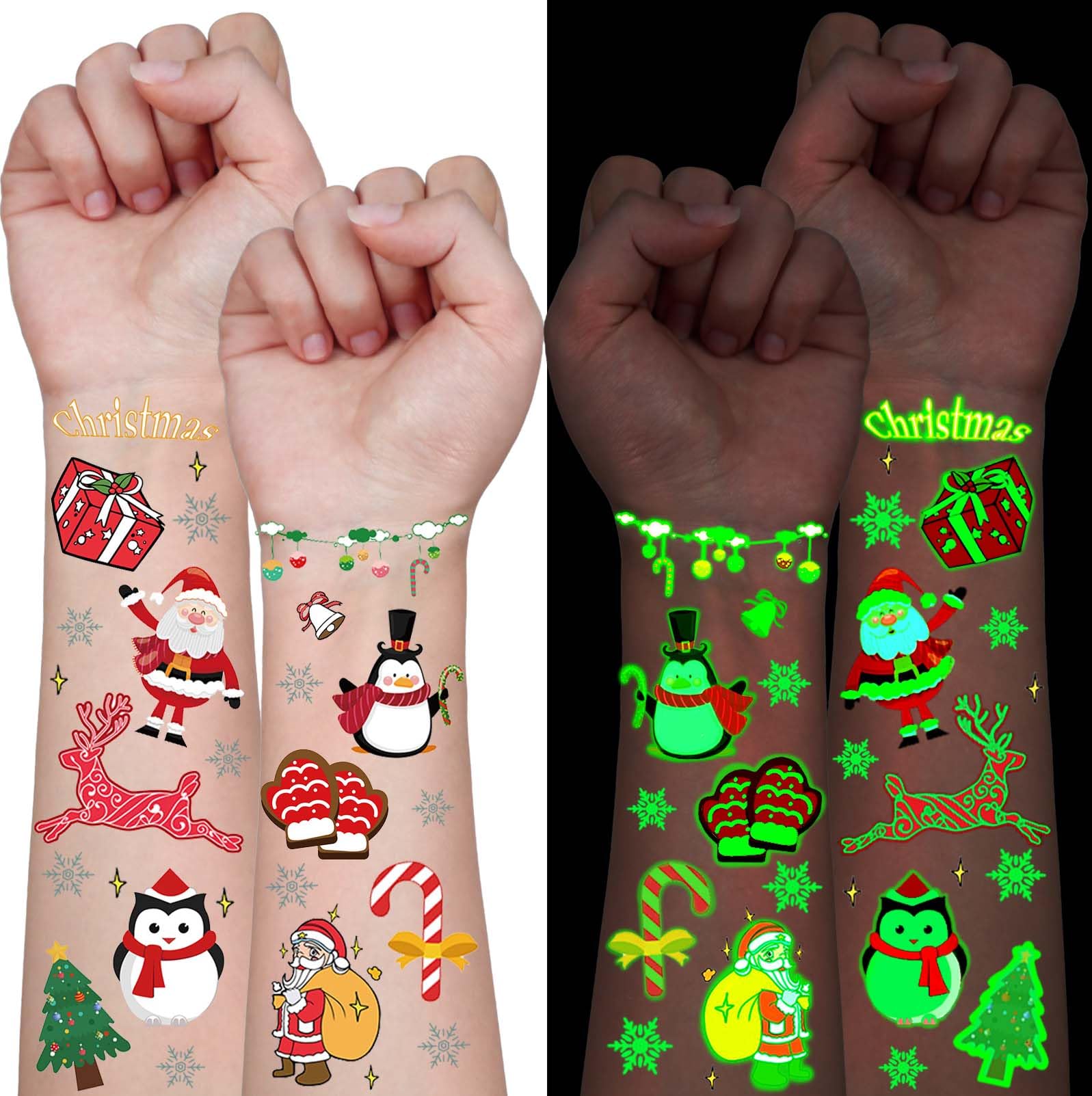 Luminous Christmas Temporary Tattoos Stocking Stuffers, 12 Sheets Christmas Stocking Stuffers Glow in the Dark Tattoos Stickers Christmas Party Favors Gifts