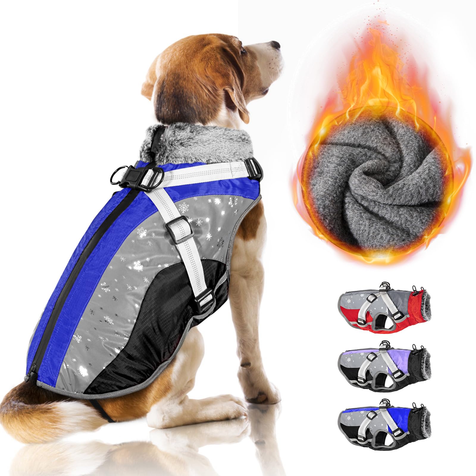 SlowTon Winter Dog Coat with Detachable Harness, Waterproof Fleece lining Warm Dog Clothes for Small Medium Large Dogs, Reflective Adjustable furry Jacket Outdoor Walking Puppy Vest Apparel