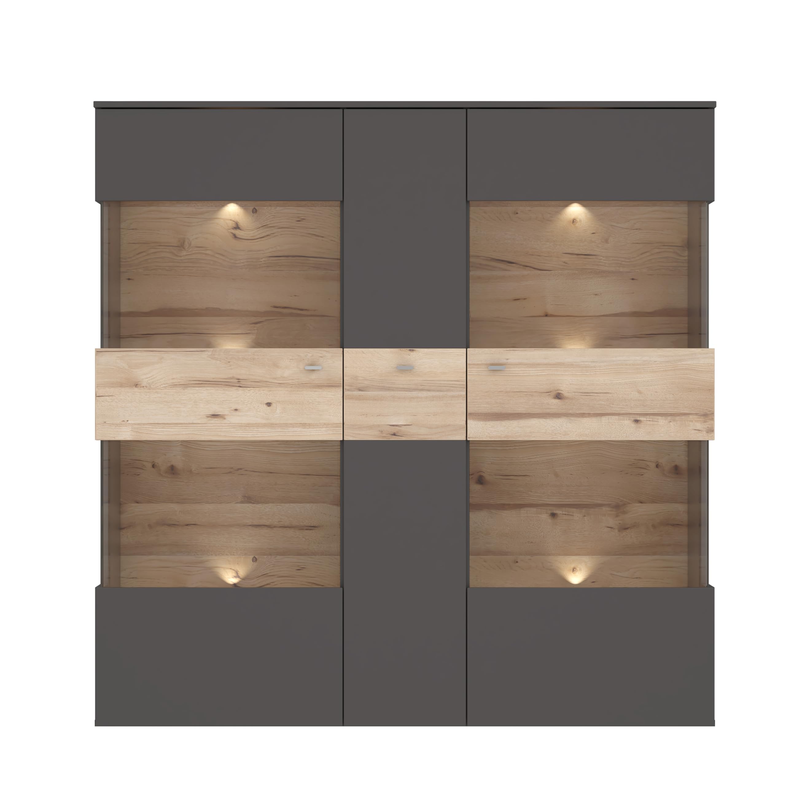 FORTE Como Highboardvitrine mit 1Tür und 2 Glastüren, Holzwerkstoff, Uni Wolfram Grau Kombiniert mit Planked Eiche, 149,8 x 152,1 x 41,3 cm