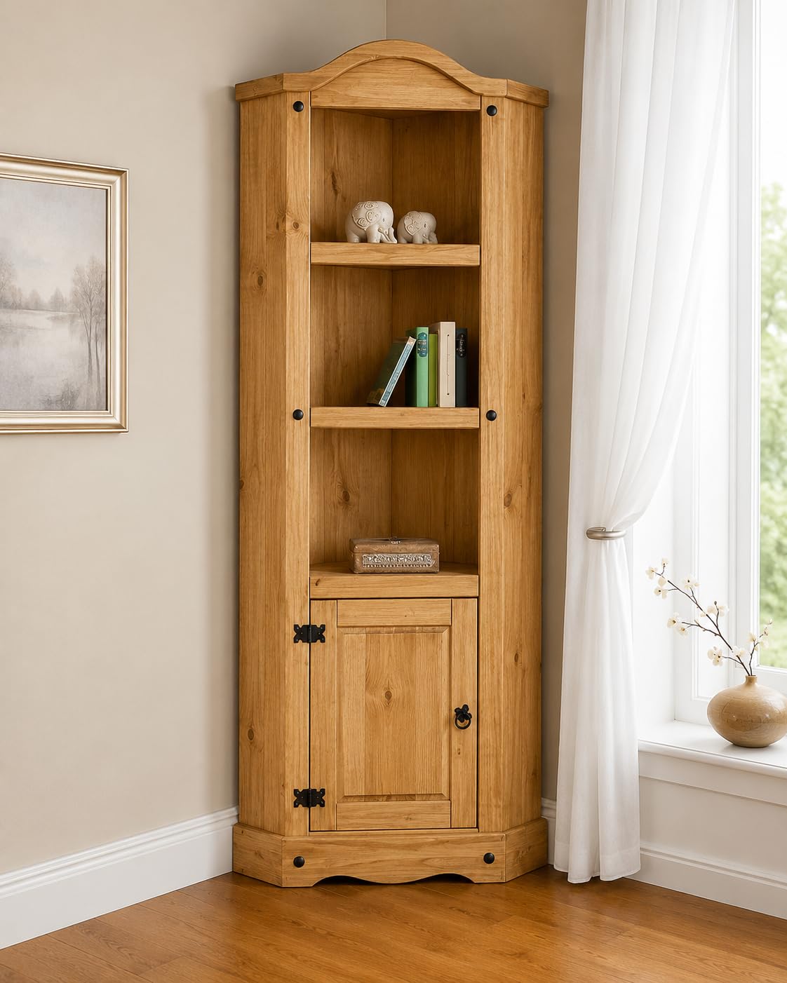 Corona Corner Display Unit Bookcase Cabinet Mexican Solid Pine with Wax Finish Black Metal Hardware W74 x D37 x H188 cm