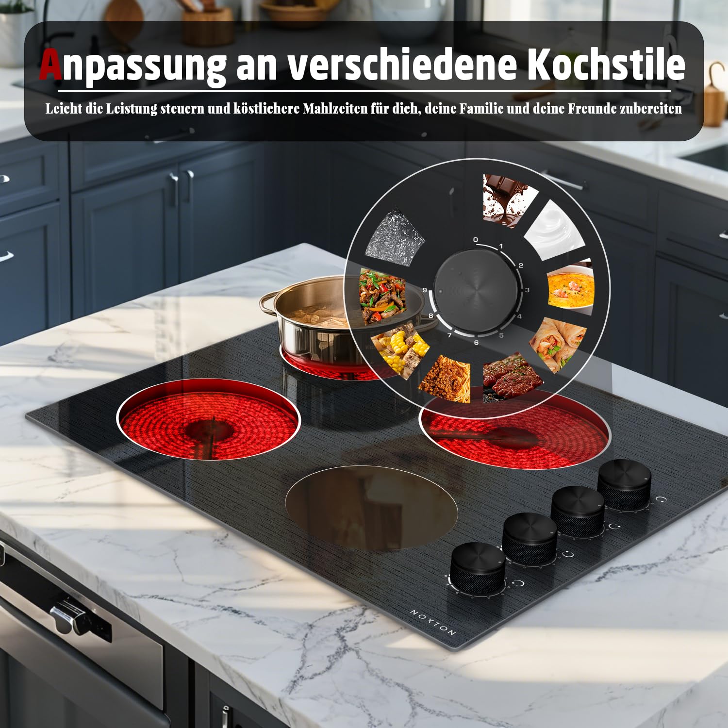 Keramikochfeld 4 Platten mit Knopfsteuerung, Glaskeramikkochfeld 60cm,6000W | Elektrokochfeld Einbau 4 Zonen mit 9 Leistungsstufen, 220V-240V, Kein Stecker