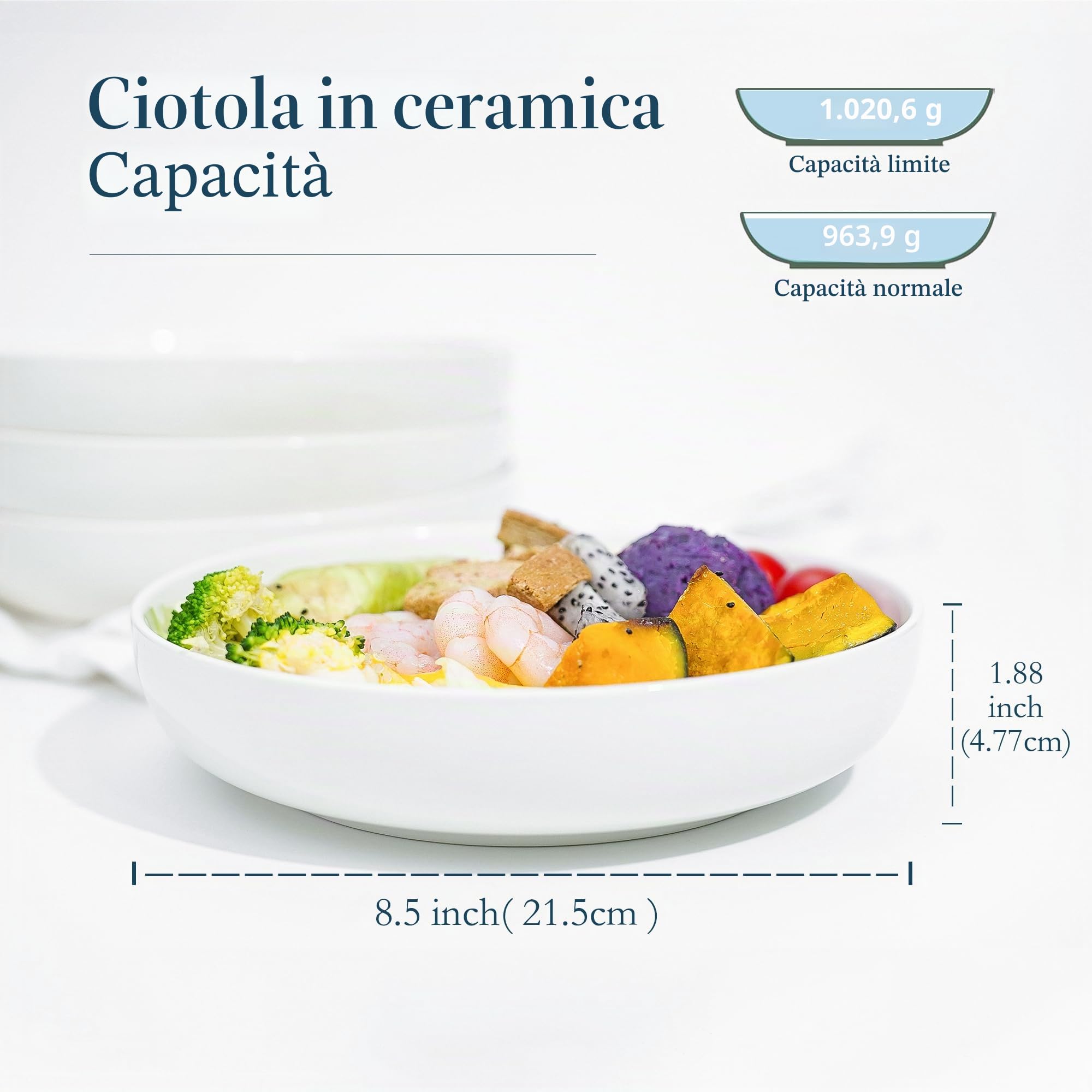Jassceram - Set di 6 ciotole per pasta da 21.5 cm, 1050 g, in porcellana, per insalata, piatti fondi larghi per la cucina, rotondi, stoviglie da pranzo - Adatto per lavastoviglie, microonde, forno