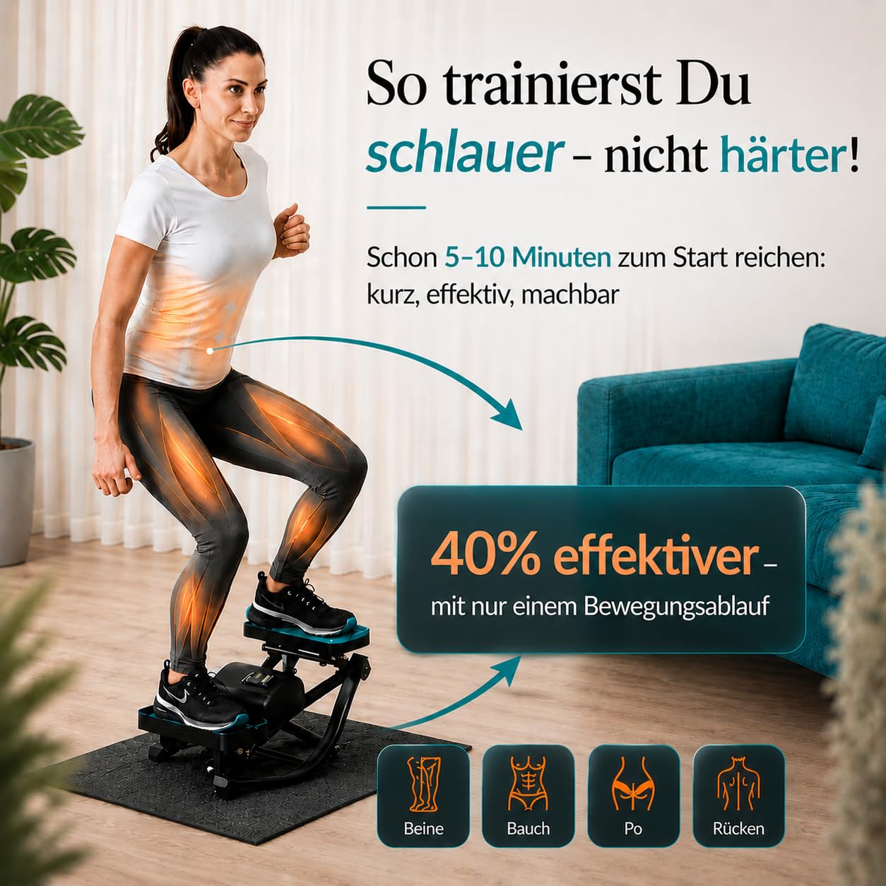 Mini Stepper [Alternative zum Hydraulik-Stepper] – Leiser Stepper für Zuhause mit LCD Display (Gelenkschonend & kompakt) – Für Bauch, Beine, Po, Rücken & Cardio – Stepper Fitness