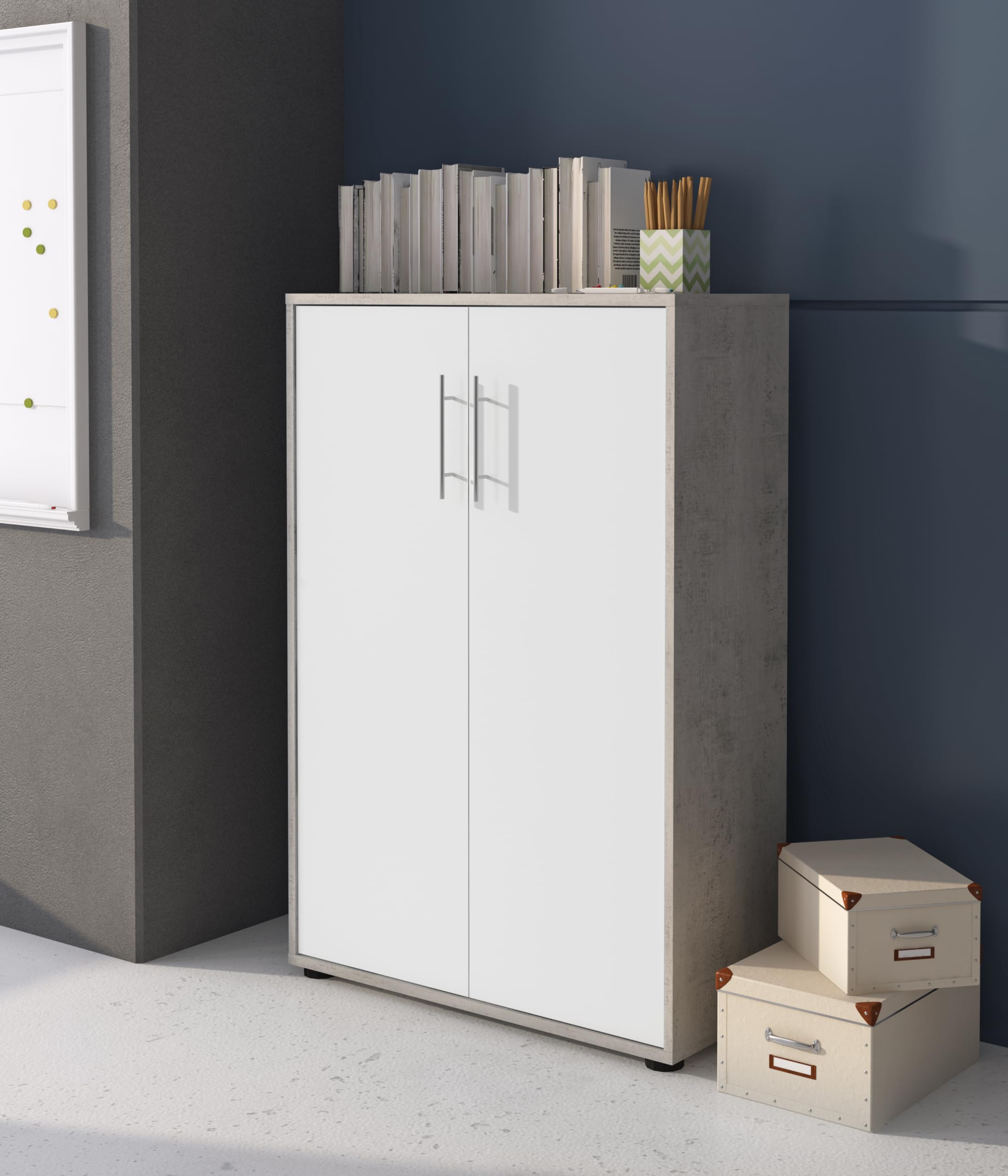 Bricozone Set Ufficio Moderno Completo In Cemento E Bianco Frassinato Con Scrivania Angolare Cassettiera Libreria E Armadi In Melaminico Antigraffio Arredo Professionale Per Home Office E Studi