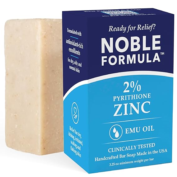 Noble Formula 2% Pyrithione Zinc Soap Bar with Emu Oil Face, Body and Scalp Cleanser for Dry, Flaky, Red, Irritated, and Itchy Skin - No Palm Oil, Handmade in the USA 3.25 oz