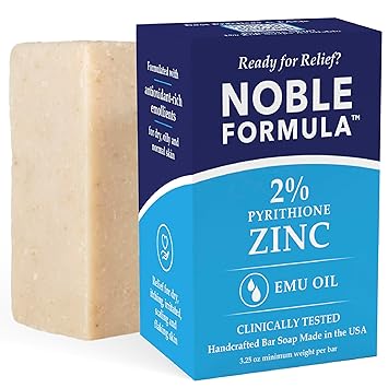 Noble Formula 2% Pyrithione Zinc Soap Bar with Emu Oil Face, Body and Scalp Cleanser for Dry, Flaky, Red, Irritated, and Itchy Skin - No Palm Oil, Handmade in the USA 3.25 oz