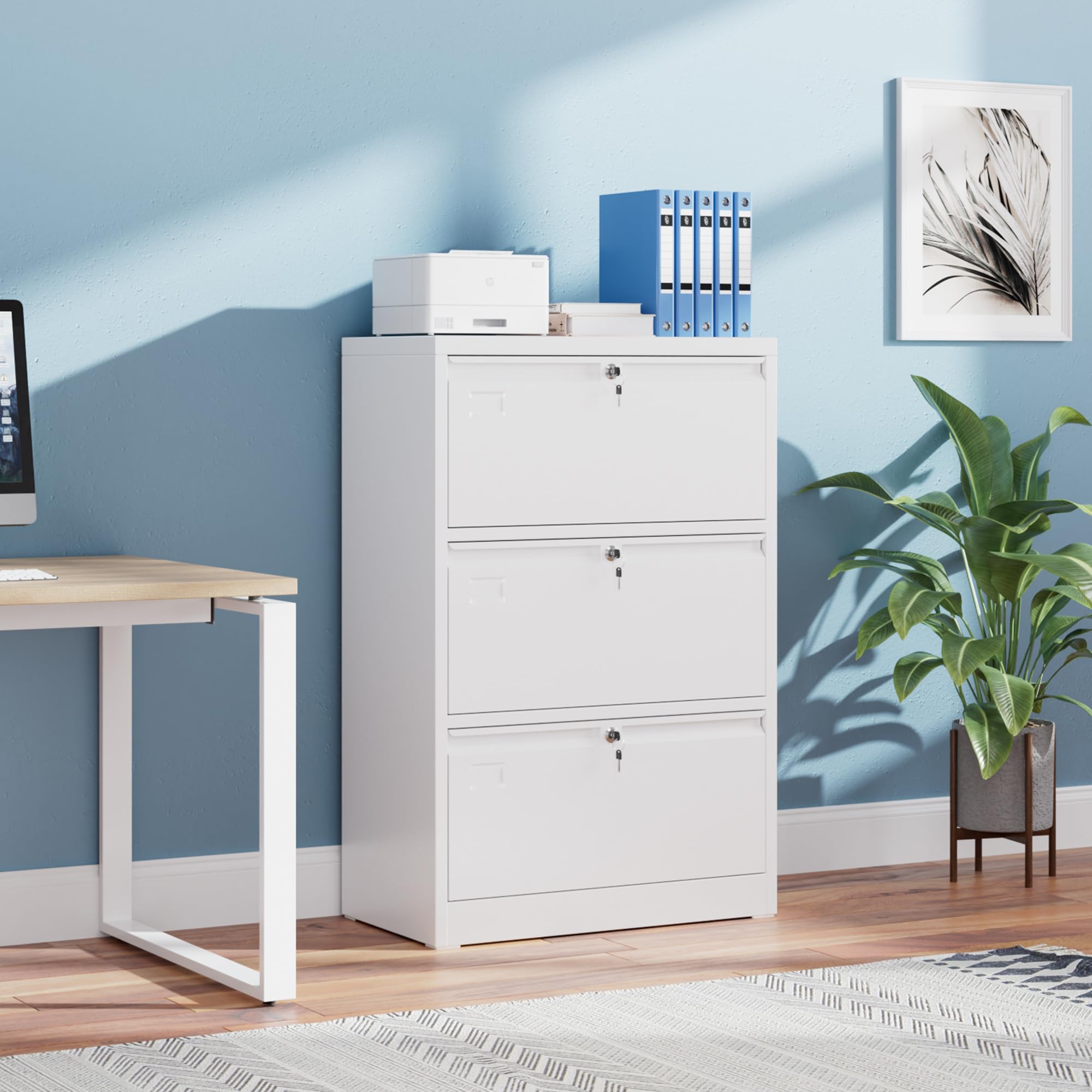 Metallschrank mit 3 Schubladen，Großes Fassungsvermögen Aktenschrank，Aufnahmeschrank mit Schloss，Große Kapazität, Geeignet für Zuhause, Büro，Weiß
