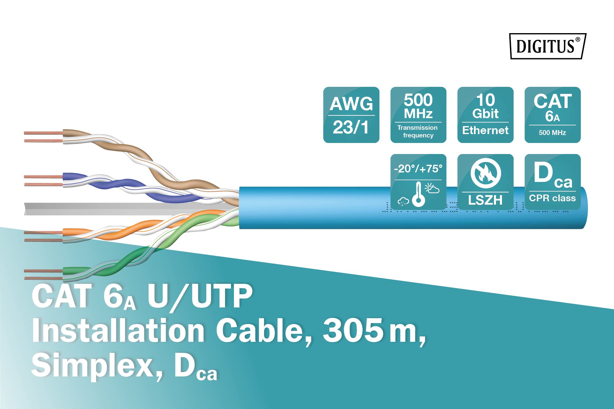Digitus - Bulkkabel - 305,0m - U/utp, Nicht Abgeschirmt - Simplex - Cat 6a - Robust - Hellblau, Ral 5012 (dK-1614-A-VH-305)