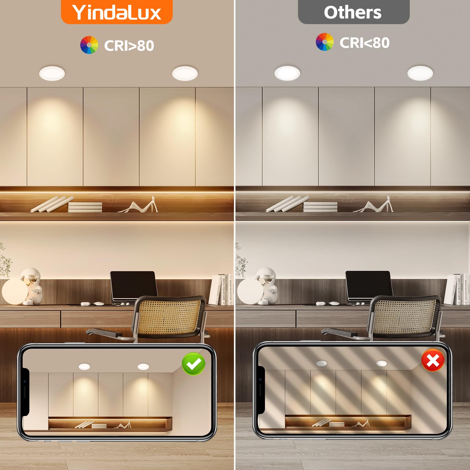 YindaLux Juego de 6 focos LED empotrables 230 V, 3 W, 4000 K, blanco neutro, ultraplanos, 300 lm, orificio 55-58 mm, IP44, para armario con espejo, color blanco