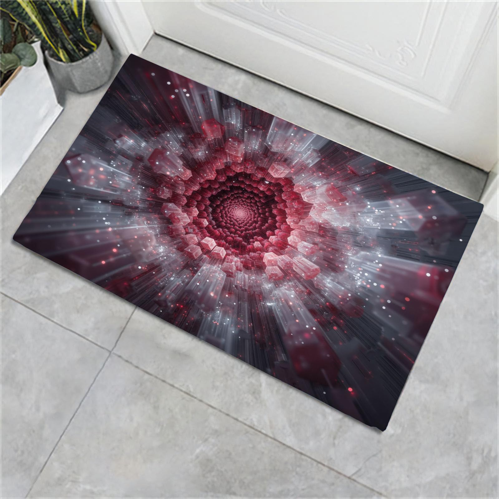 90 x 150 cm, paillasson d'entrée intérieur et extérieur, Tapis à Abstraction 3D Modèle d'explosion, Tapis de Sol résistant à la décoloration, Profil Bas, Facile à nettoyerrouge