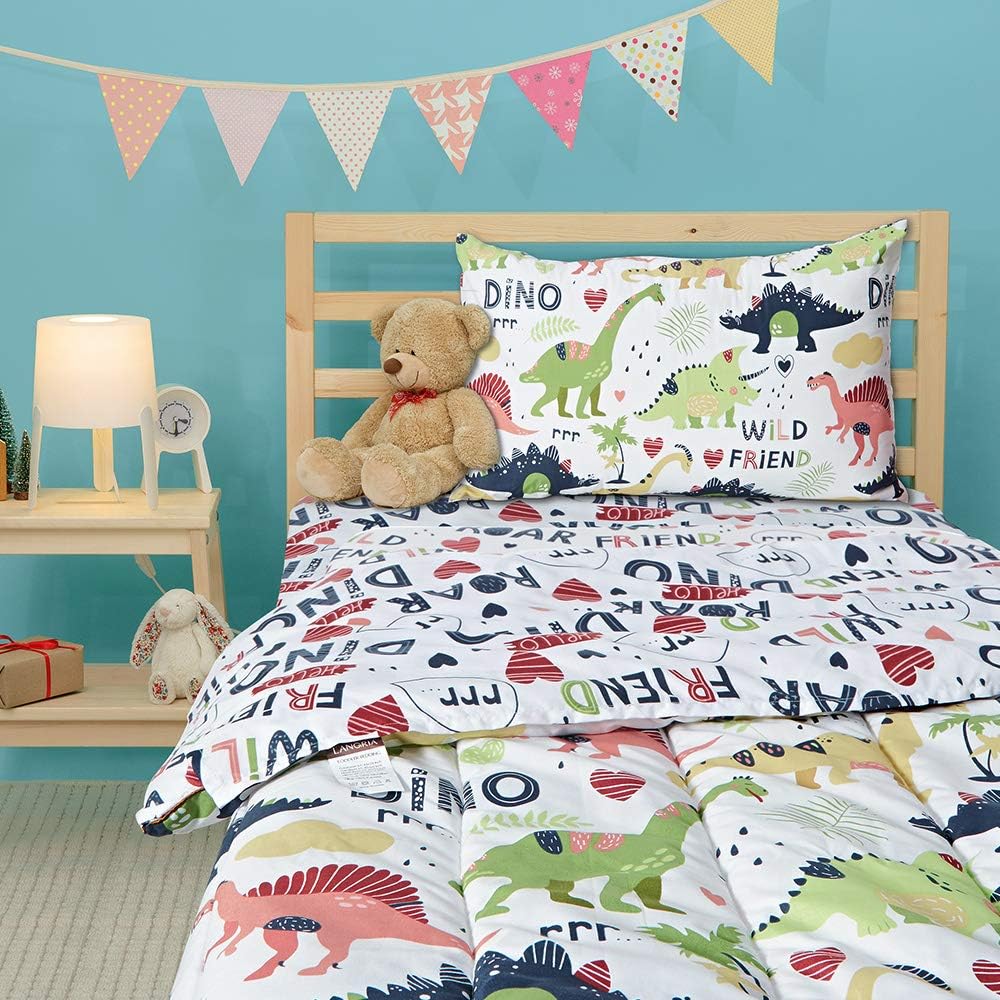 NATRKE 4 Piece Dinosaur Theme Toddler Bedding Set, Standard Size Bedding Set Includes Quilted Comforter 42"x58", Fitted Sheet 28"x52", Flat Top Sheet 45"x60", and Pillow Case 20"x 26", White
