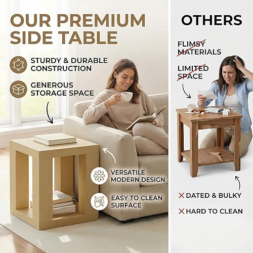 Miniatura 3 de Mesa auxiliar de granja, mesa auxiliar de madera con estante de almacenamiento de 2 niveles, mesas auxiliares cuadradas para sala de estar,