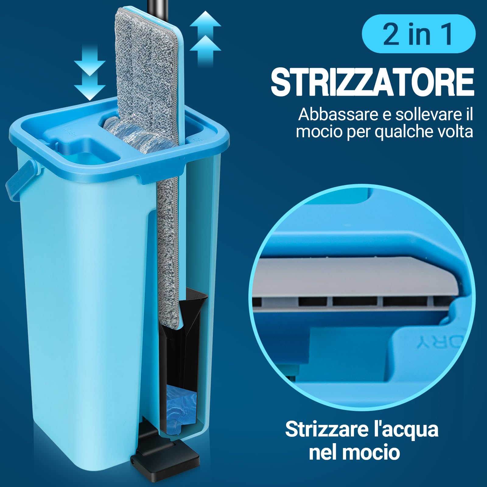 MASTERTOP Mocio Lavapavimenti e Secchio Strizzatore, Mocio Piatto Rotante e Piccolo Secchio Autolavaggio, Mop a Mani Libere in Microfibra, con 3 Tamponi Riutilizzabili (Blu Chiaro)