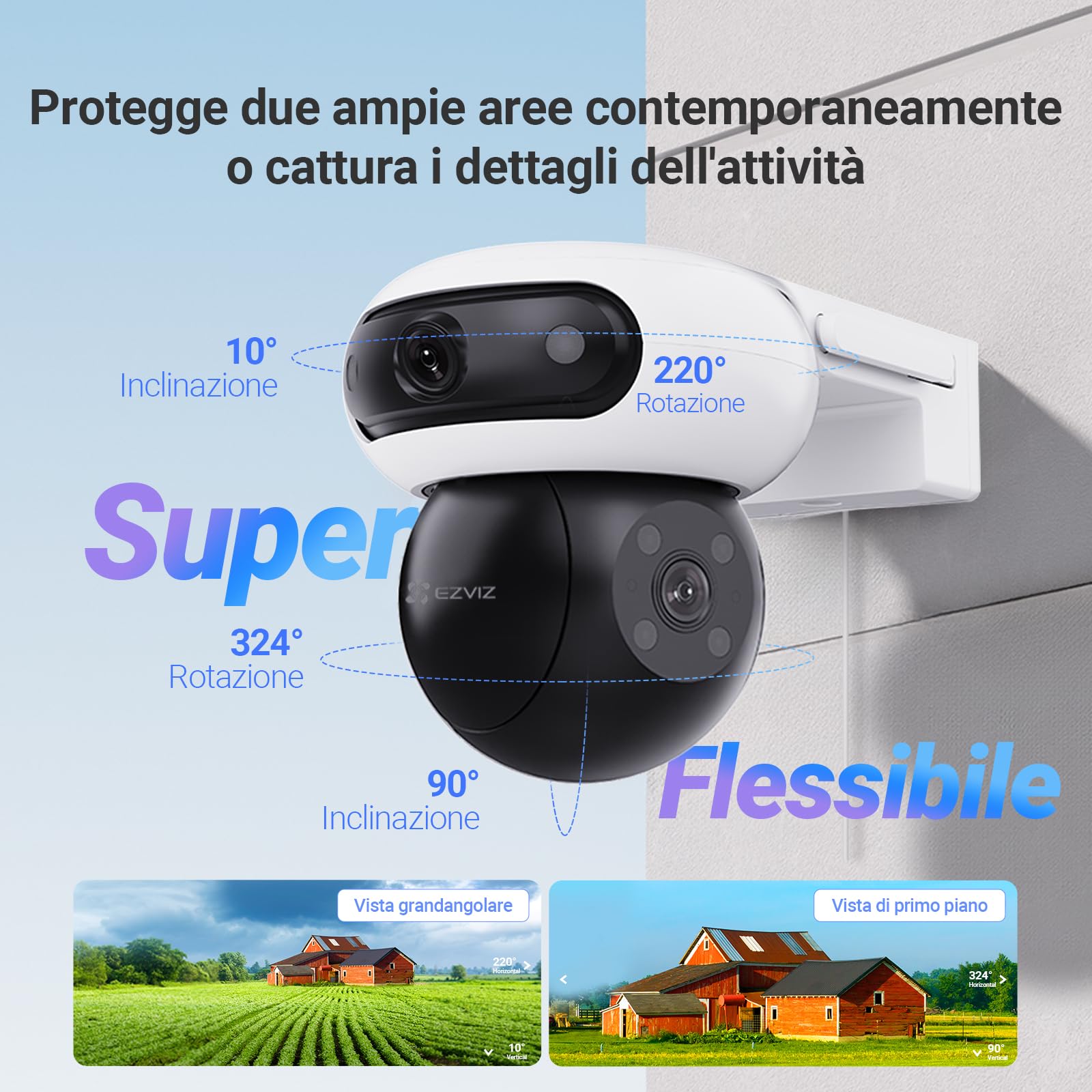 EZVIZ 8MP (4MP+4MP) Telecamera WiFi Esterno con Doppia Lente, Telecamera per Esterni a 360°, Visione Notturna a Colori, Rilevamento Persone/Veicoli, Audio Bidirezionale, Impermeabile, C90 Dual