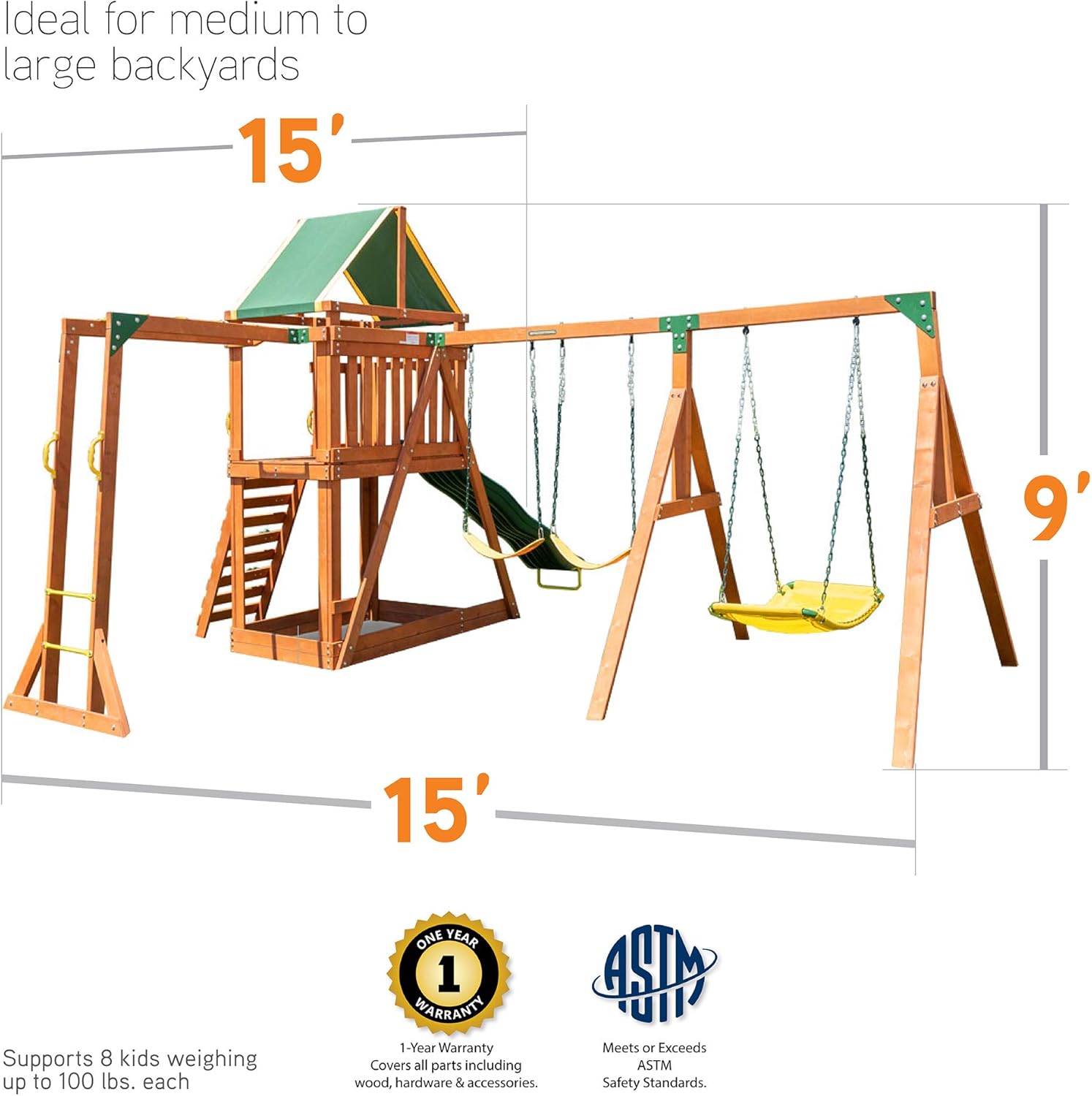 Sportspower Olympia Wood Swing Set with 3 Swings, Slide, and Monkey Bars, Natural/Green : Toys & Games