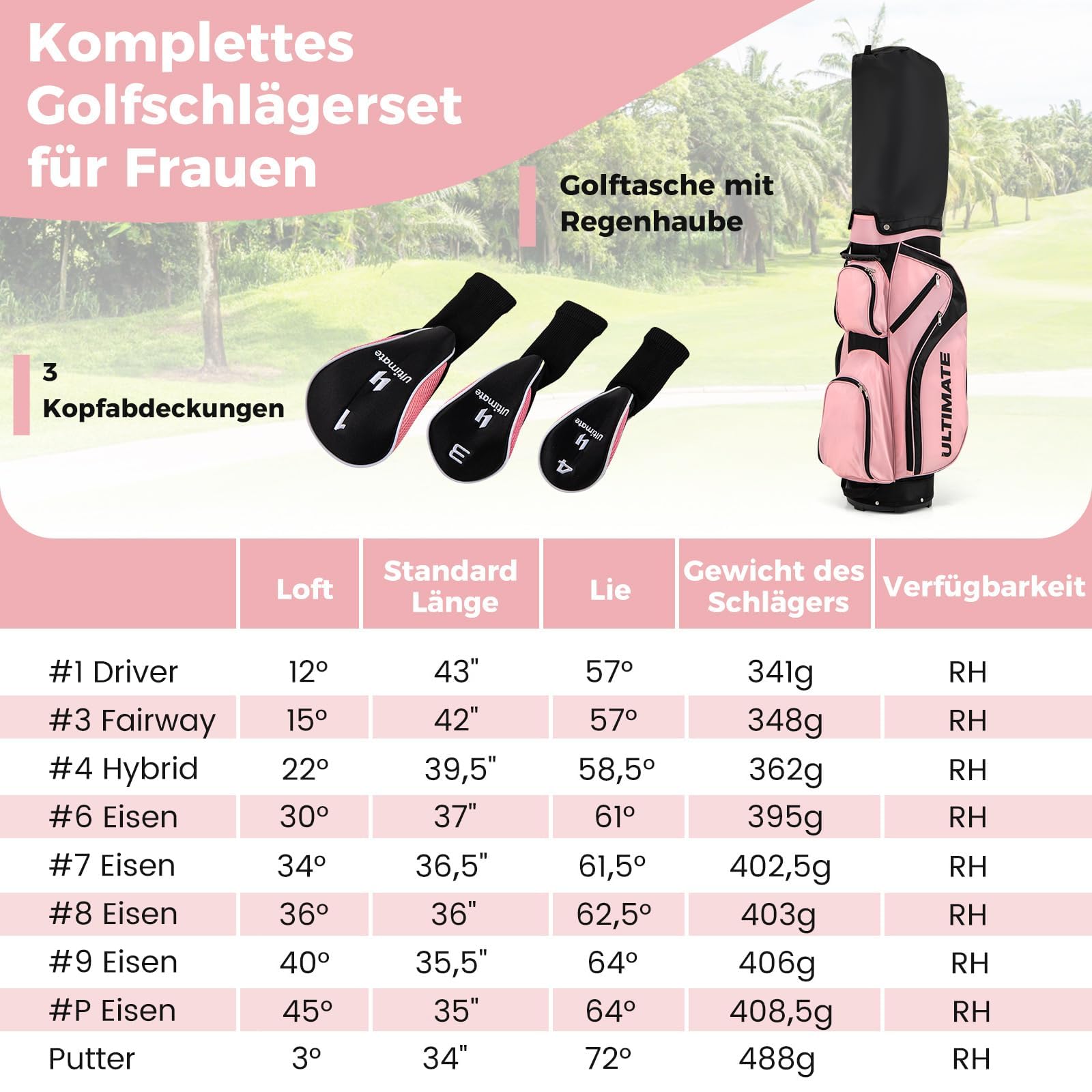 FANTASK Damen Golfschläger Set mit Regenhaube, 9/11 komplettes teilige Golfschläger Set mit 1 Driver & 3 Fairway & 4 Hybrid & 6/7/ 8/9/ P Eisen & Putter