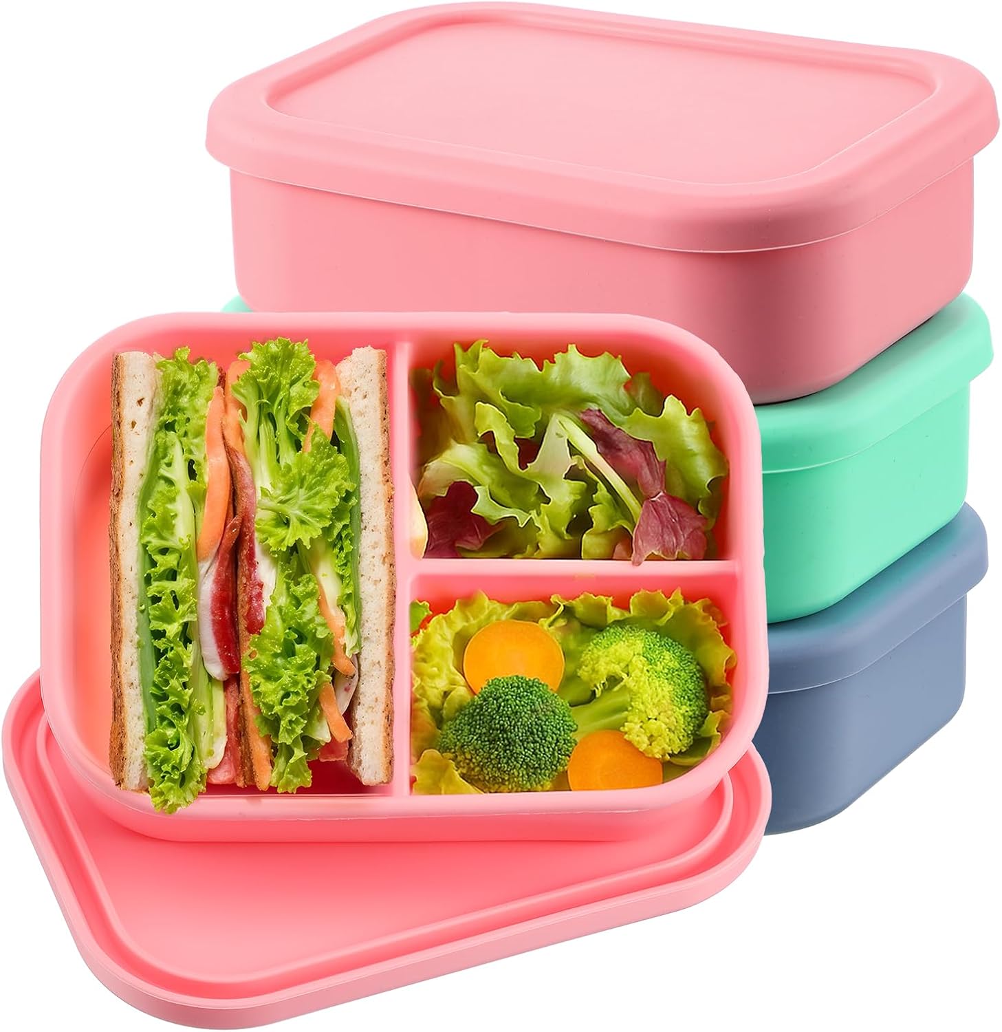 3 Pcs Silicone Bento Box, Reusable 3 Compartment Silicone Bento Lunch Container for Adults, Microwave Dishwasher Freezer Safe (Dark Colors)