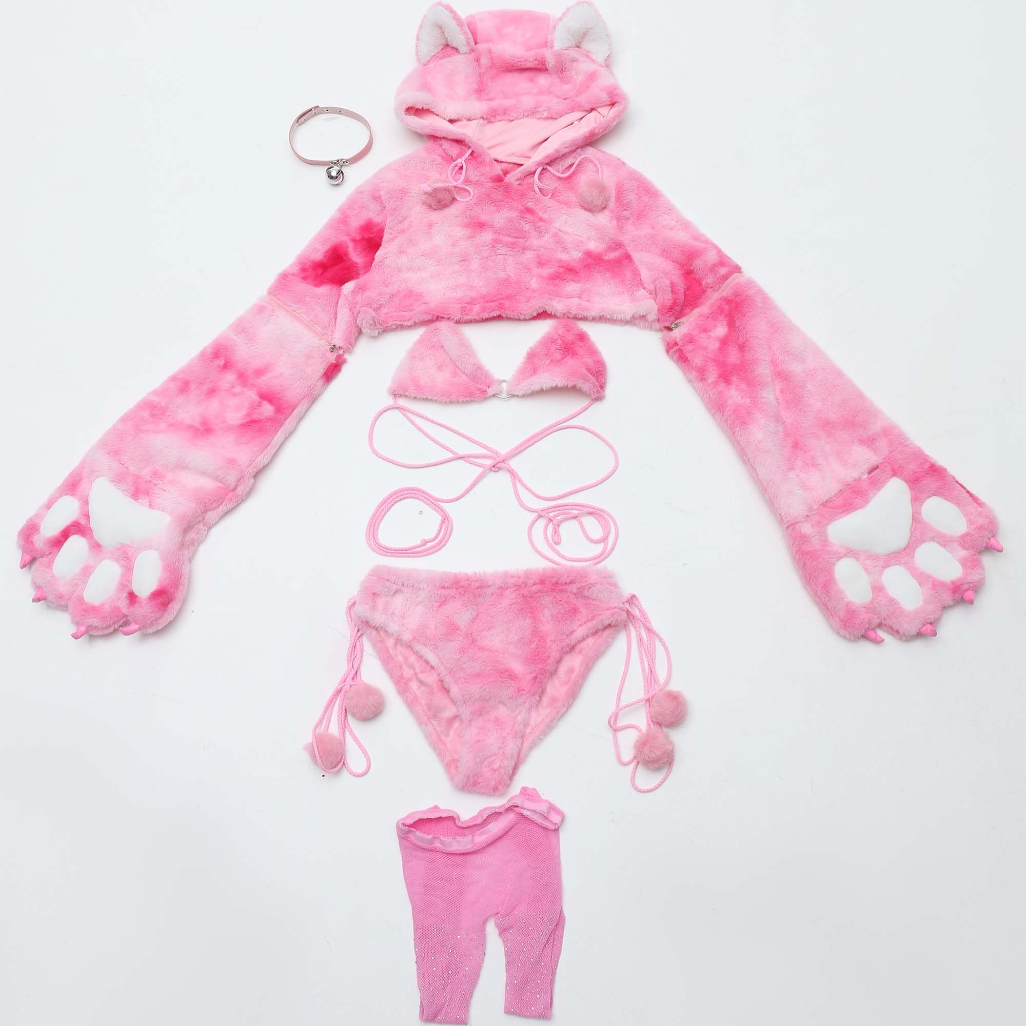 Mobbunny Women Cosplay Pajamas Set Pink Furry Hoodie Top Panty with Cat Paw Claws Sleeves Homewear: Small Pink