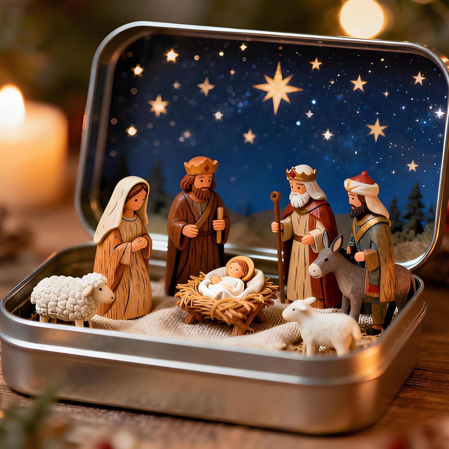 Mini Christmas Nativity Scene Set in Decorative Tin Box, Resin Figurines with Starry Night Background, 9.5x6cm Holiday Display, Indoor Collectible Manger Scene