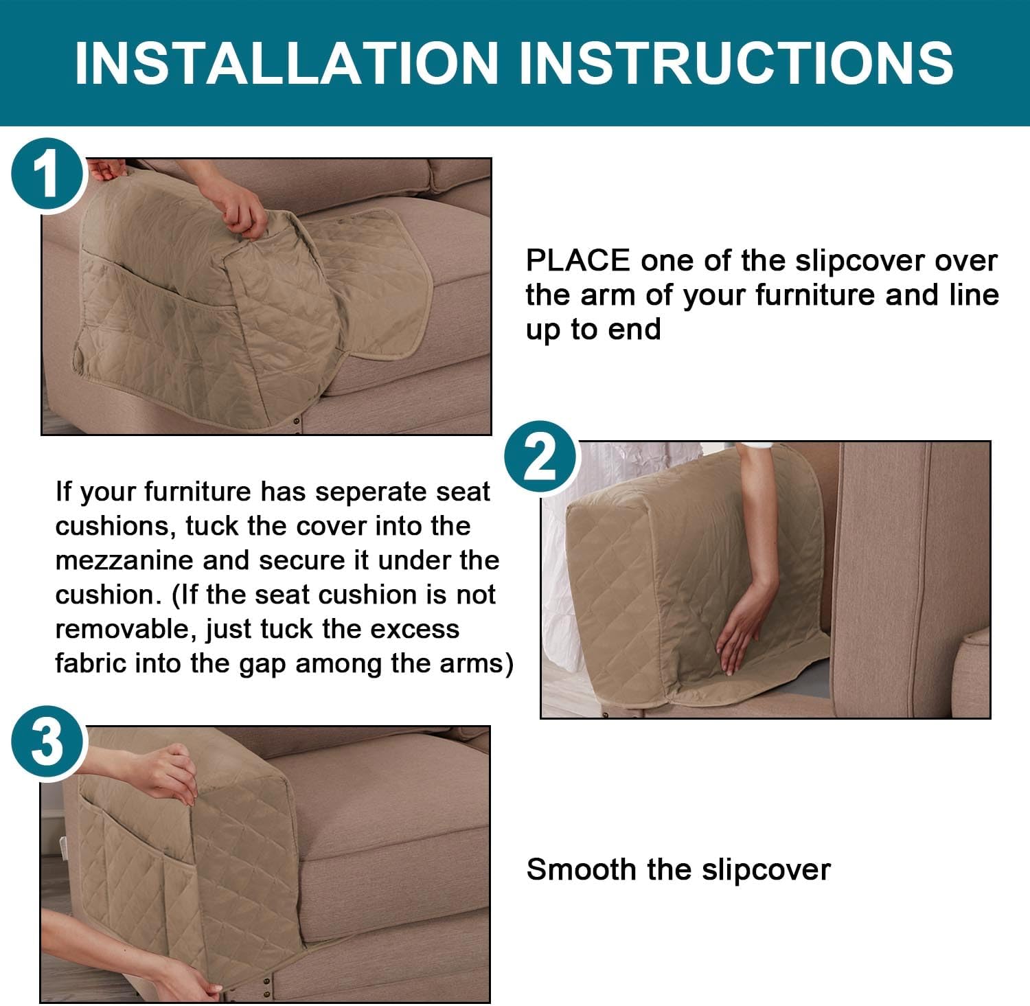 Turquoize 2 Pack Waterproof Armrest Covers for Chairs and Sofas Couch Arm Covers for Sofa Armrest Covers with Side Pocket Anti-Slip Furniture Protector Washable Armrest Slipcovers Set of 2, Khaki