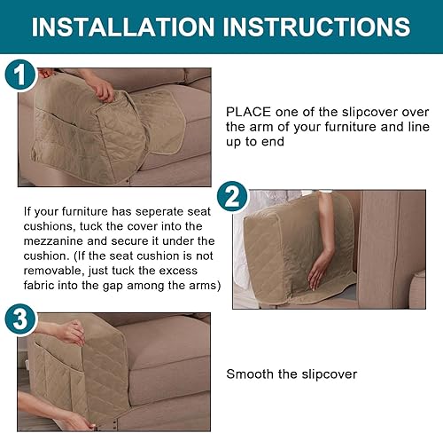 Miniatura 6 de Turquoize Paquete de 2 fundas impermeables para reposabrazos para sillas y sofás, fundas para reposabrazos de sofá con bolsillo lateral, protector