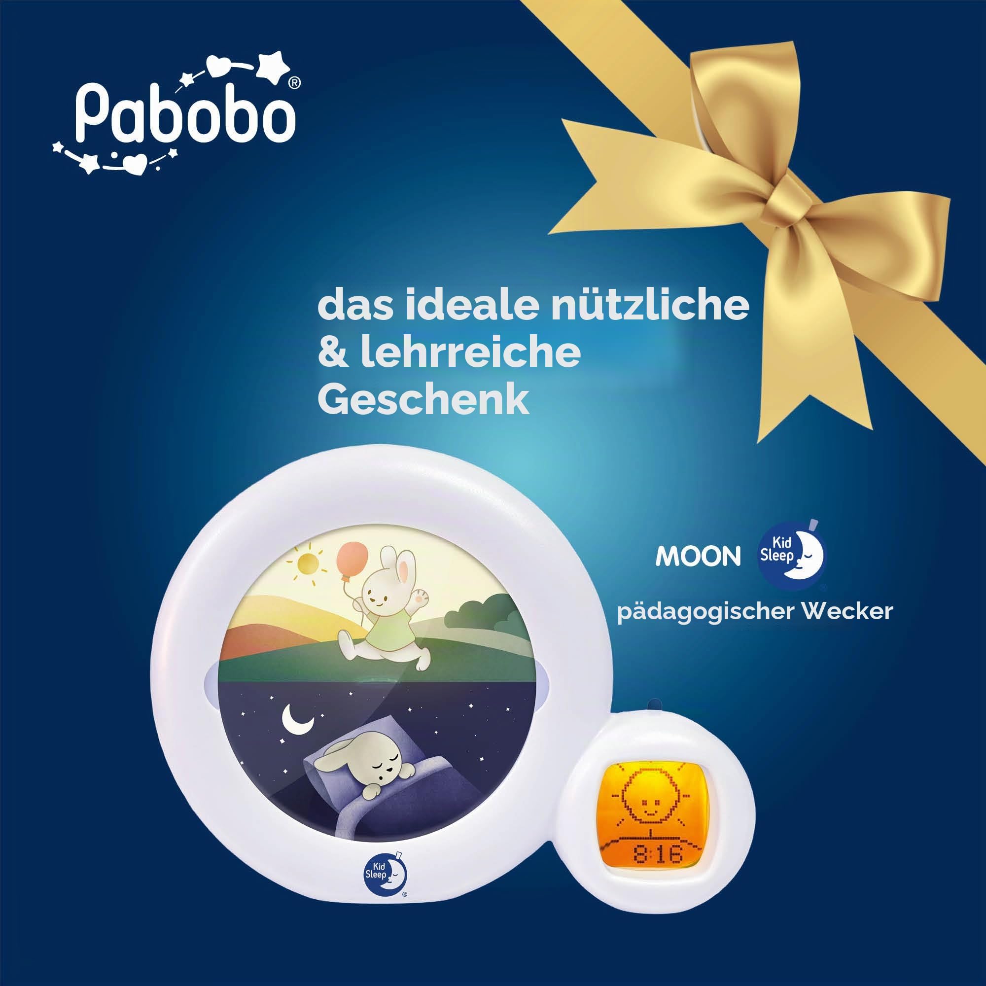 Pabobo Kid Sleep - Mond 3 in 1 (Nachtlicht, Anzeige & Wecker) - Kinder pädagogische musikalische Wecker - Tag / Nachtlicht - weiß