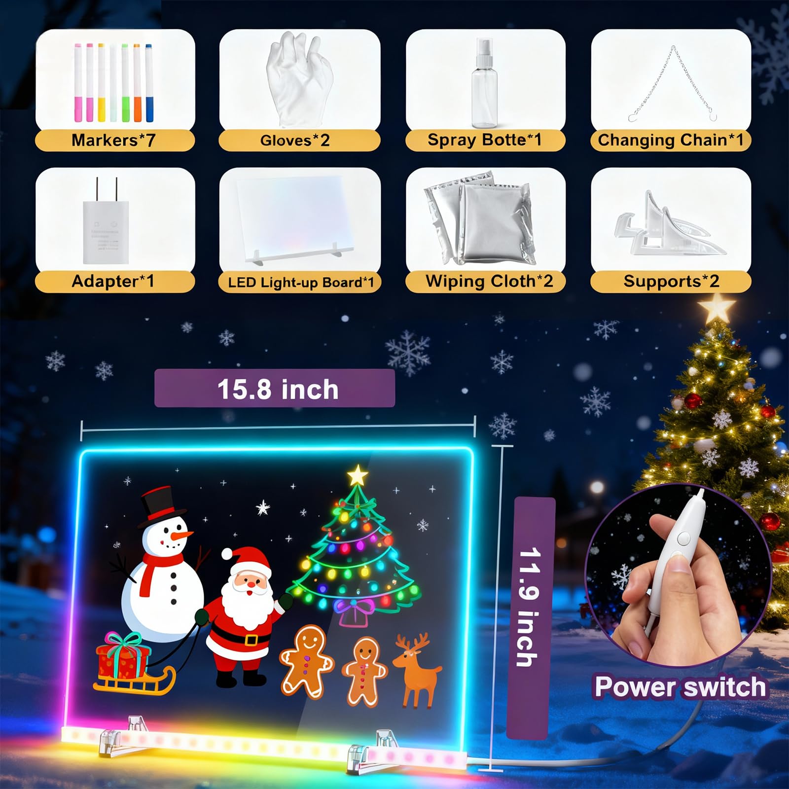 Tablero de notas LED con colores, tablero acrílico de borrado en seco incluye adaptador, cadena colgante, tablero de dibujo LED para niños con soporte, 7 marcadores, botella de spray 2
