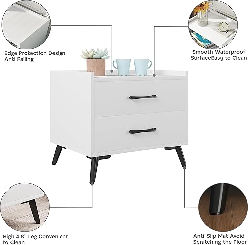 Miniatura 5 de ZeeFu Mesita de noche blanca con 2 cajones de almacenamiento, mesita de noche clásica moderna con patas de metal, mesa auxiliar minimalista y