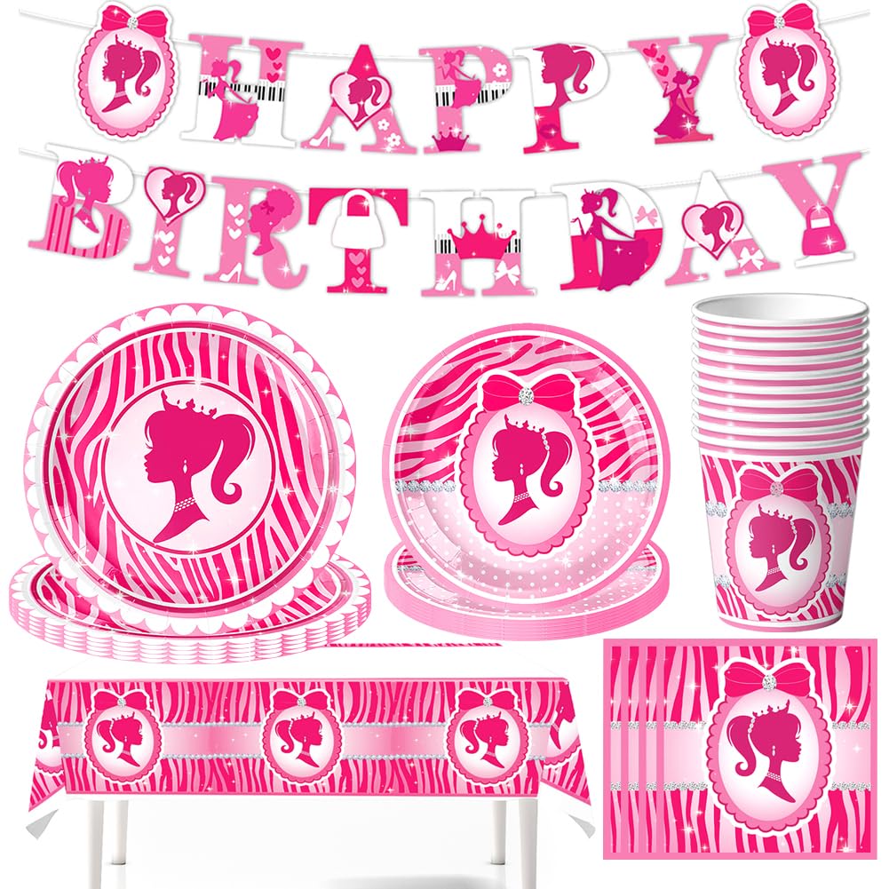 52Pcs Stoviglie per Compleanno Barbiprincipessa, Principessa Party Compleanno, Piatti Tazze Tovaglioli Banner Tovaglie, Kit di Stoviglie per la Festa di Compleanno, 10 Ospiti