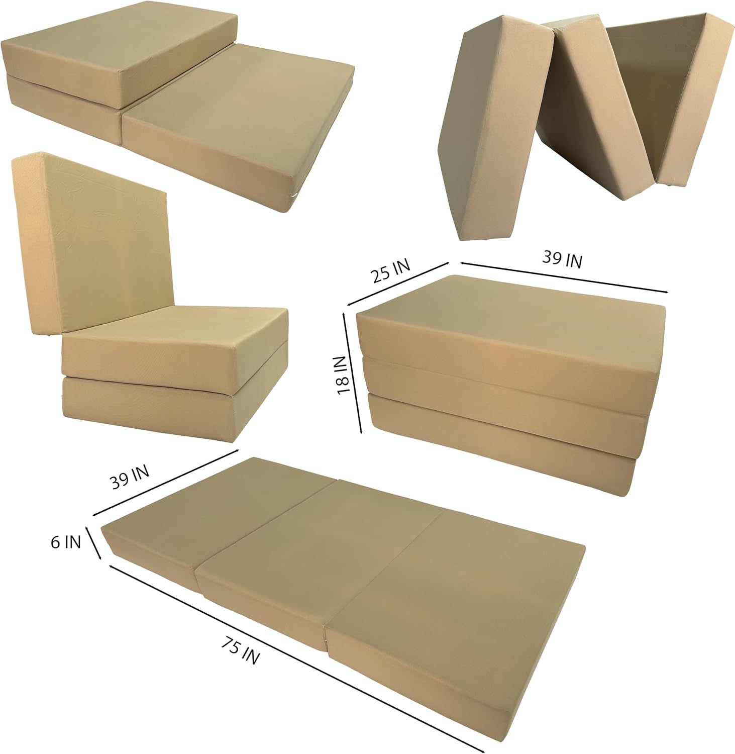D&D Futon Furniture Tan Twin Size Shikibuton Trifold Foam Beds 6 x 39 x 75, 1.8 lbs high Density Foam, Folding Mattresses