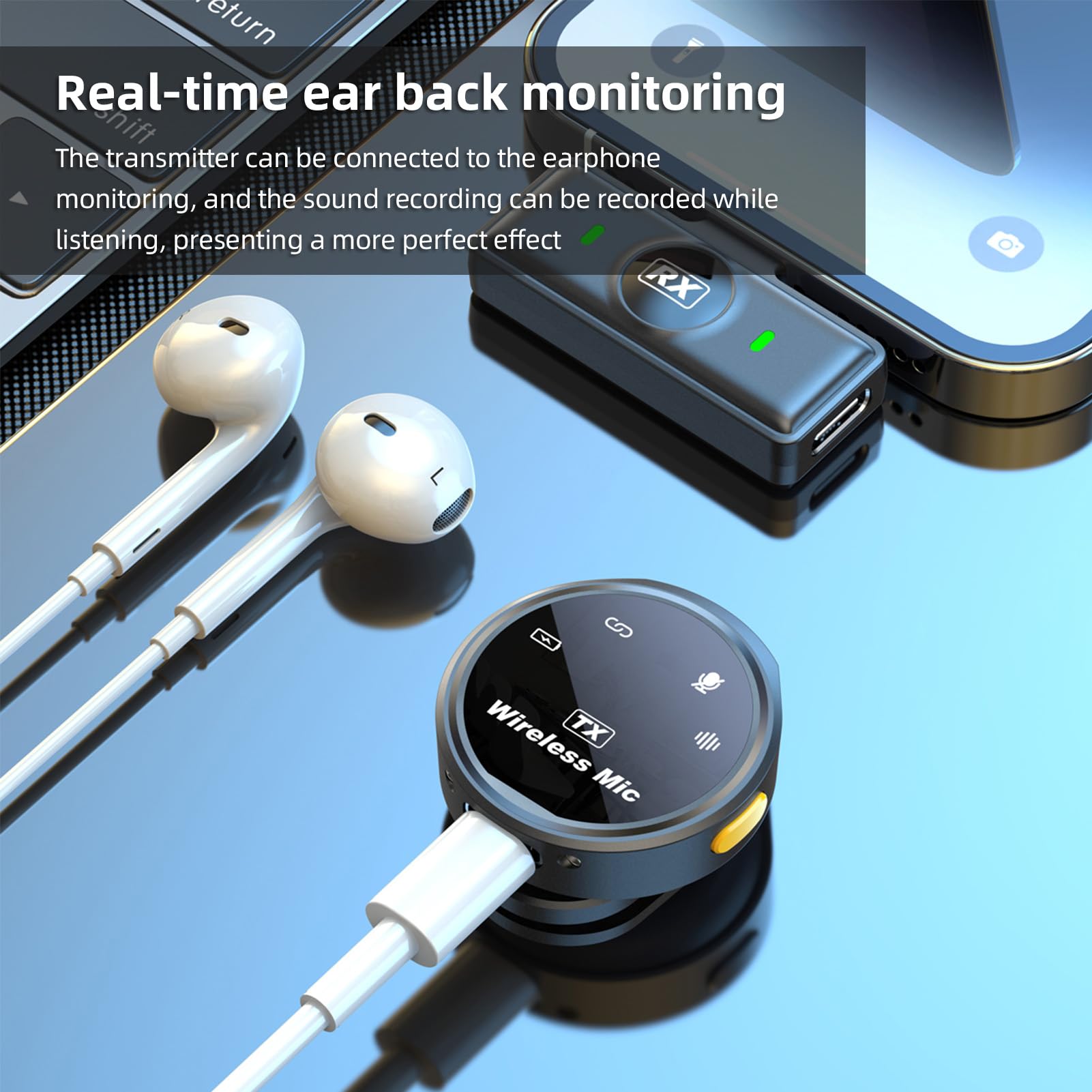 Andoer Micrófono inalámbrico One-Trigger-Two 2.4G Micrófono con Clip magnético para teléfono Inteligente Cancelación de Ruido Monitoreo en Tiempo Real Batería incorporada con Estuche de Carga