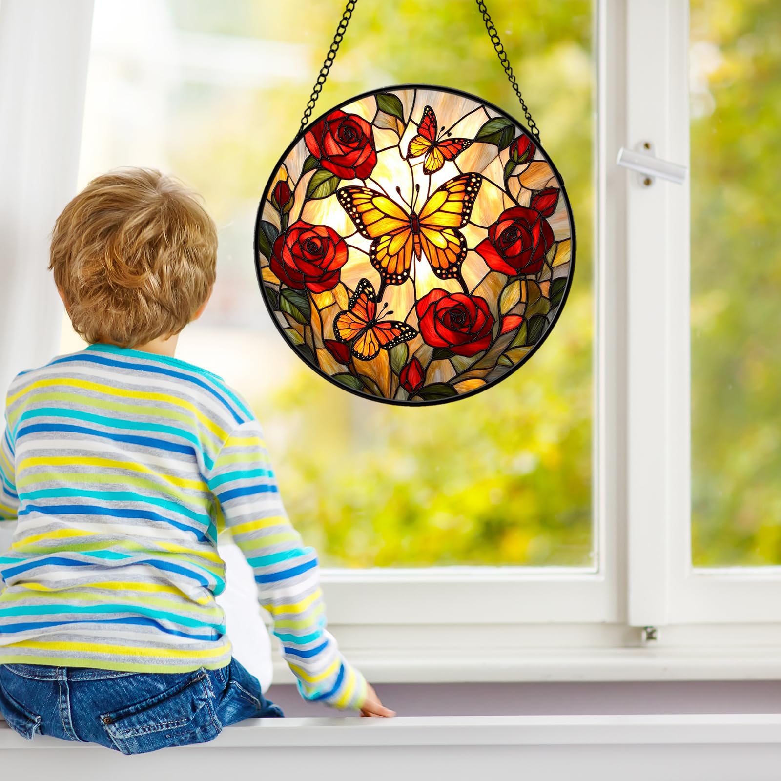 Atrapasueños de mariposa para colgar en la ventana, atrapasueños de rosas de flores para decoración de ventanas interiores, vitrales para decoración del hogar, regalo para mujeres, mamá 035