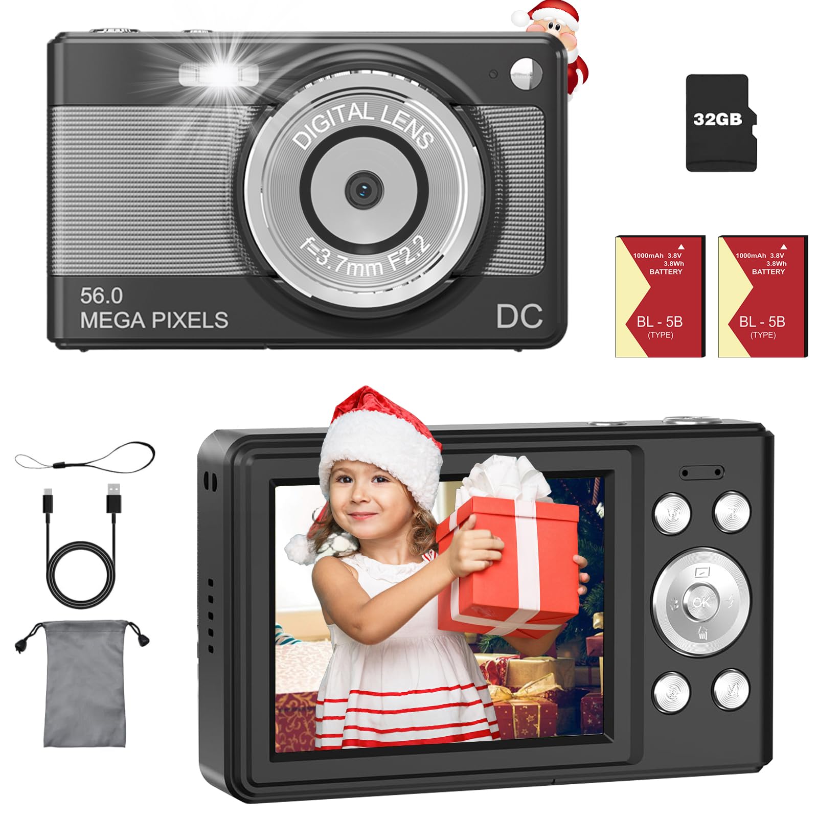 Digital Camera 1080P Video Camera for Kids Boys Girls, 8X Zoom Compact Digital Point and Shoot Kids Digital Camera with 32GB Card,2 Batteries-Black
