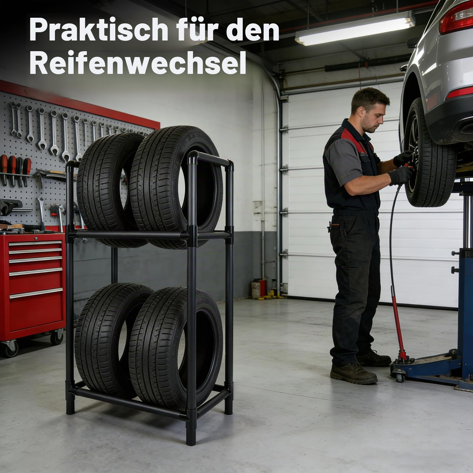 Felgenbaum Reifenständer für 4 Reifen,Höhenverstellbares Reifenregal | Robuste Stahlkonstruktion, Reifenständer für Garage & Werkstatt (57.2 x 37.3 x 114.6 cm)