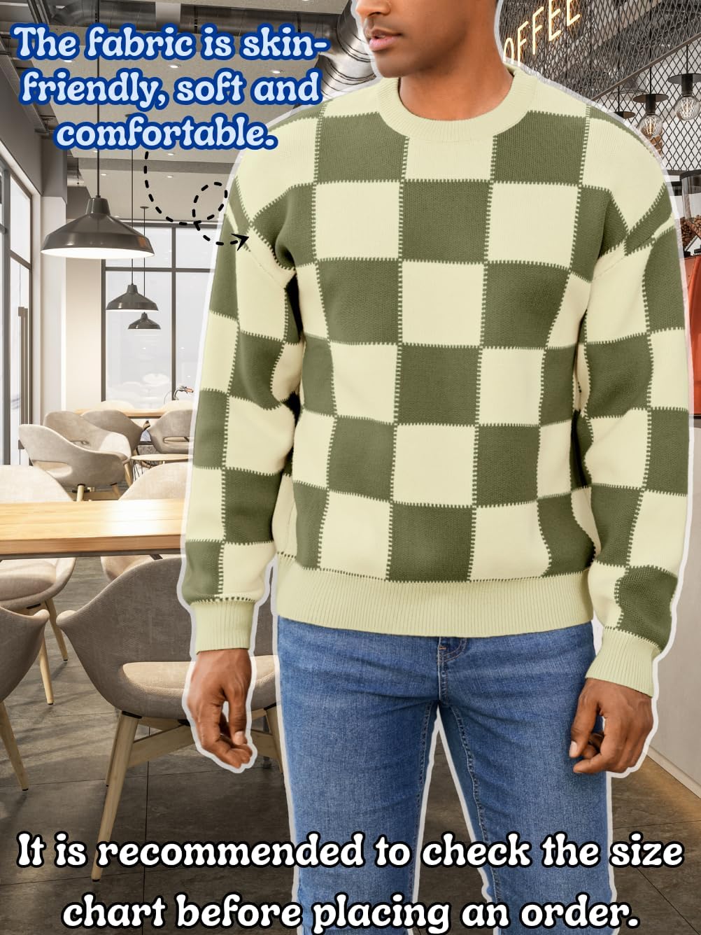 Men's Fall Fashion Checkered Sweater, Crewneck Ribbed Knit Pullover Top, Casual Loose Winter Color Block Sweaters - Image 4