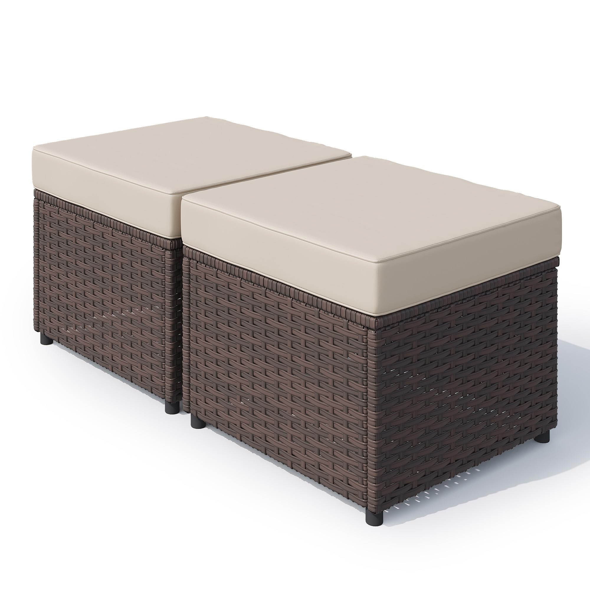HOMREST Outdoor Patio Ottomans Set of 2, 20-Inch All-Weather PE Wicker Footstool with Removable Cushions, 3-in-1 Function Extra Seating &amp; Side Table for Backyard, Balcony, Poolside (Khaki)