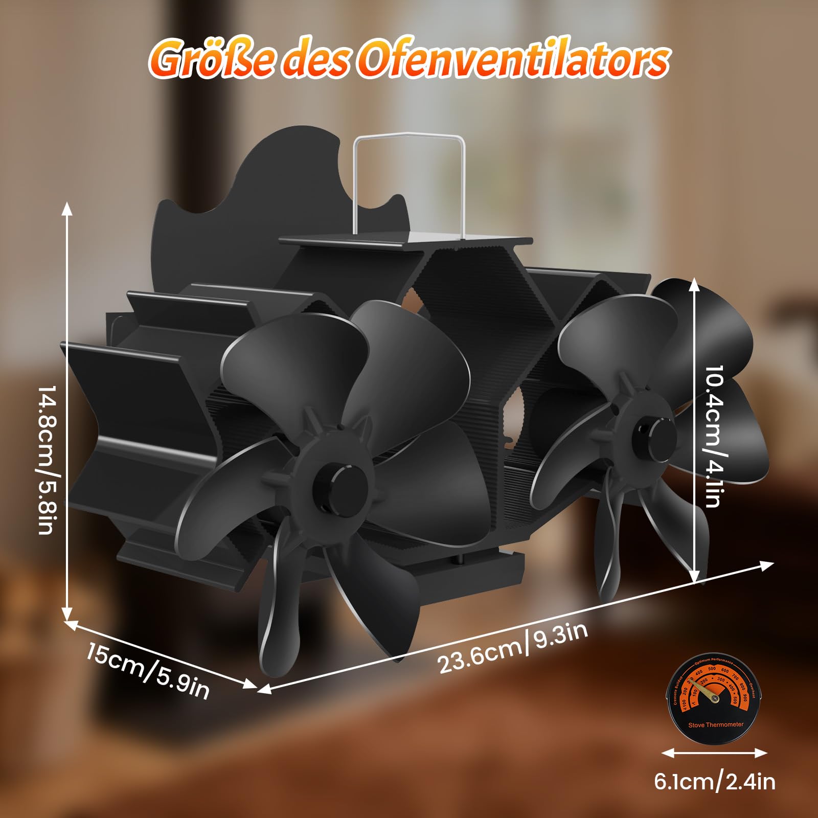 Magnetischer Kaminventilator, Doppelkopf-Ofenventilator mit 12 Flügeln, thermisch angetrieben ohne Stromversorgung mit Thermometer