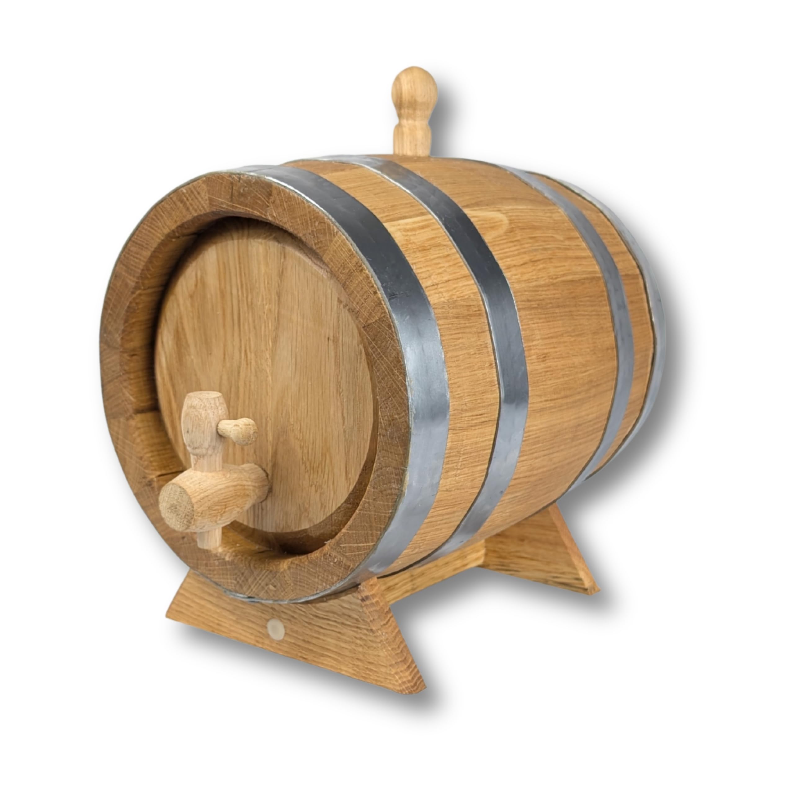 Eichenholzfass Holzfass 5 Liter mit Holzhahn, Bock & Stopfen | Fass für Whisky, Schnaps, Wein & Rum | Traditionelle | Innen geflammt & außen gewachst | Edelstahlreifen