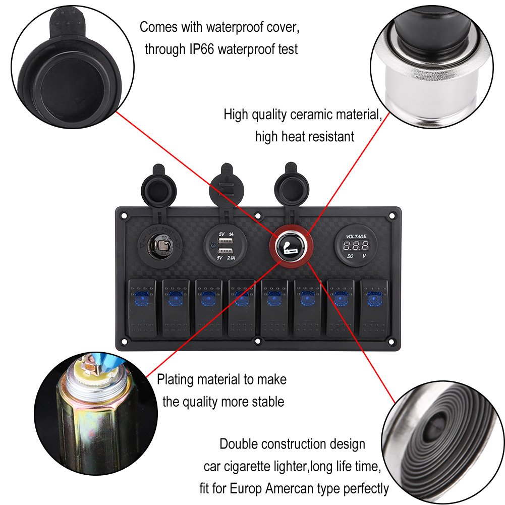 8 Gang Rocker Switch LED Control Panel Dual USB Voltmeter Cigarette Lighter SPST/ON-OFF Universal for all 12V-24V vehicle, yacht, ship, caravan, bus, car